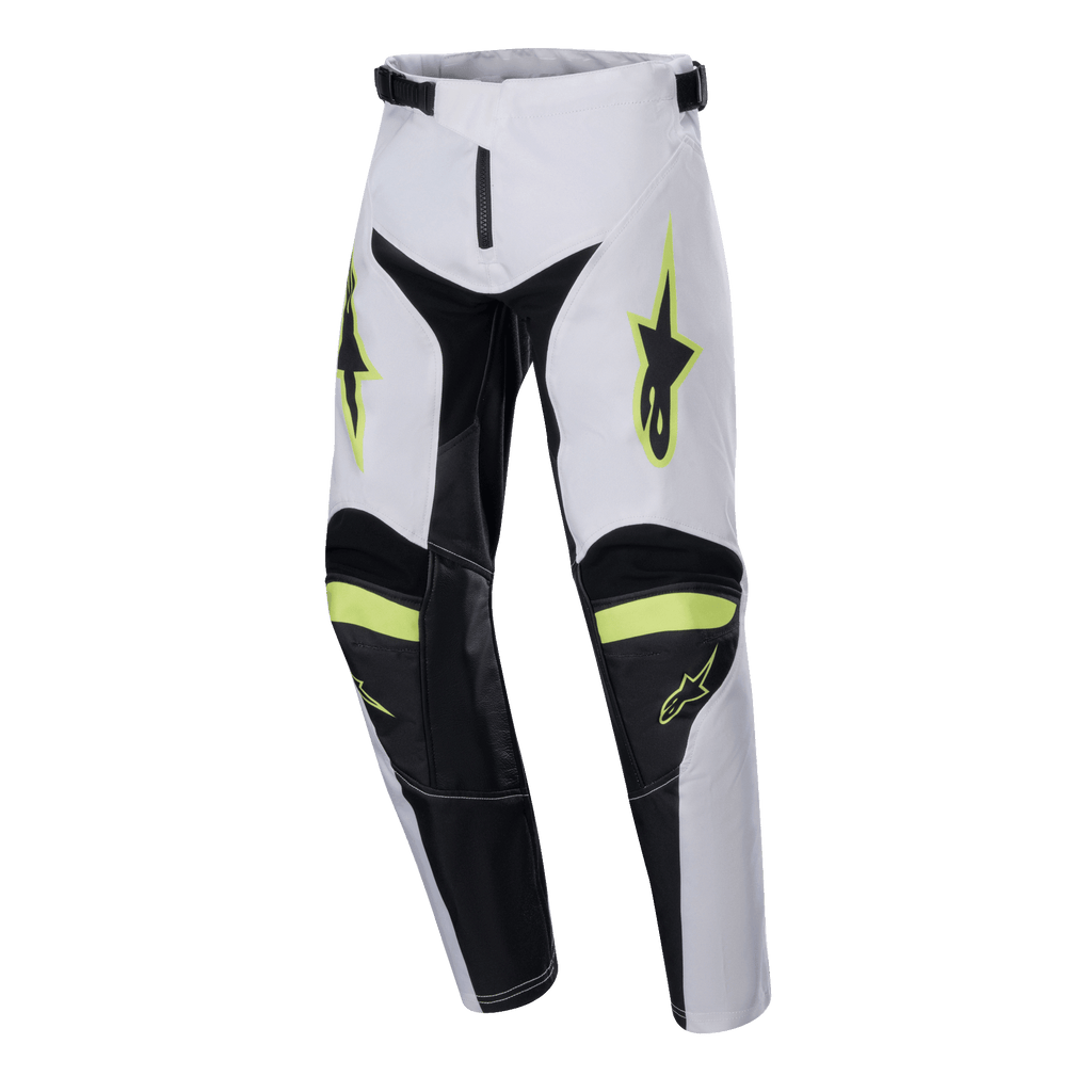 Alpinestars Youth 2024 Racer Lucent Pants, calças de motocross, brancas, pretas e amarelo fluo, logótipos de estrela nas coxas, painéis pretos no interior das pernas e nos joelhos, design desportivo pré-curvado para performance em motocross