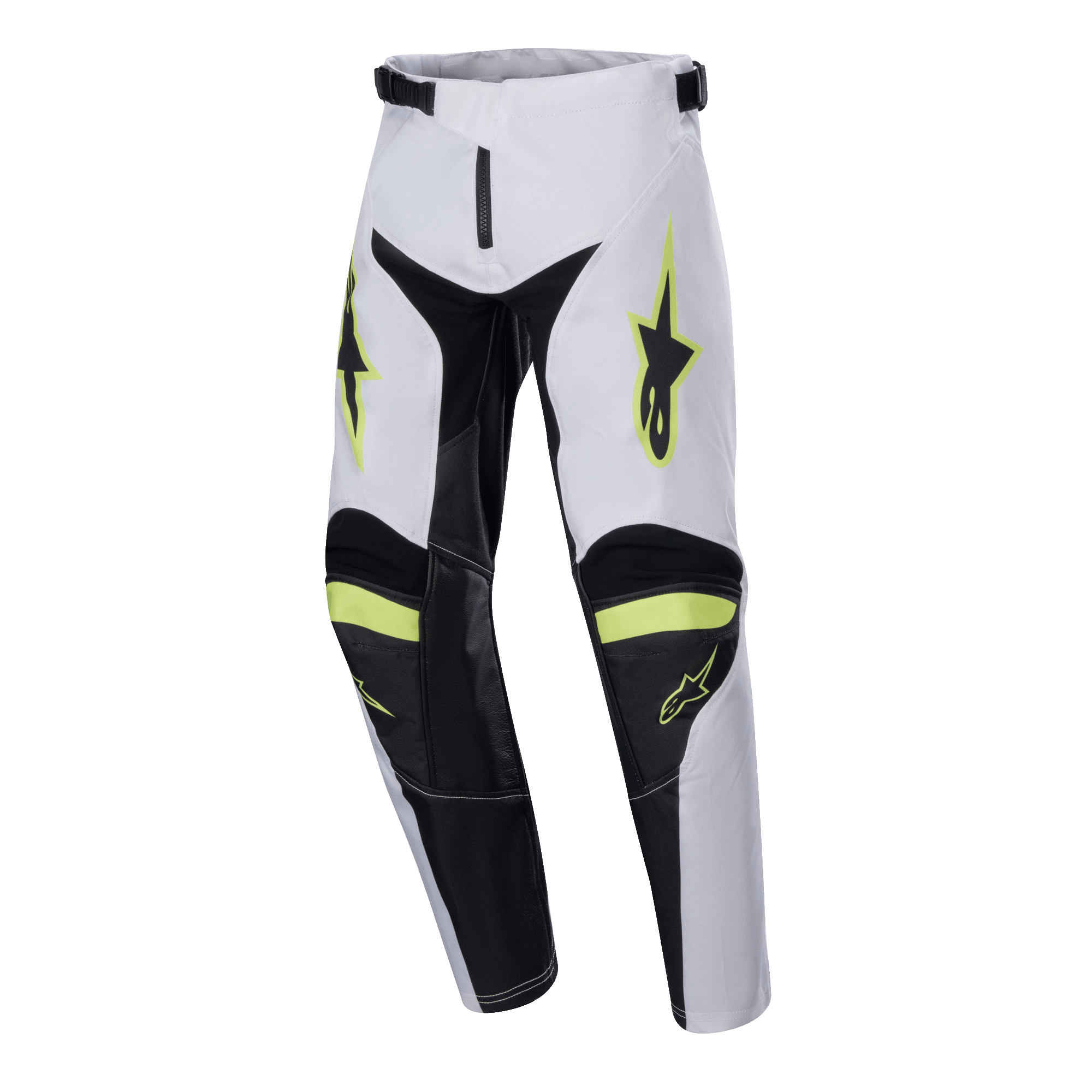 Alpinestars Youth 2024 Racer Lucent Pants, calças de motocross, brancas, pretas e amarelo fluo, logótipos de estrela nas coxas, painéis pretos no interior das pernas e nos joelhos, design desportivo pré-curvado para performance em motocross