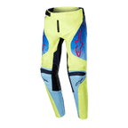 Alpinestars 2024 Youth Racer Hoen Pants, calças de motocross, amarelo néon e azul marinho, com logótipos de estrela Alpinestars vermelhos, painéis em azul marinho e joelhos reforçados pretos, design desportivo para corridas off-road