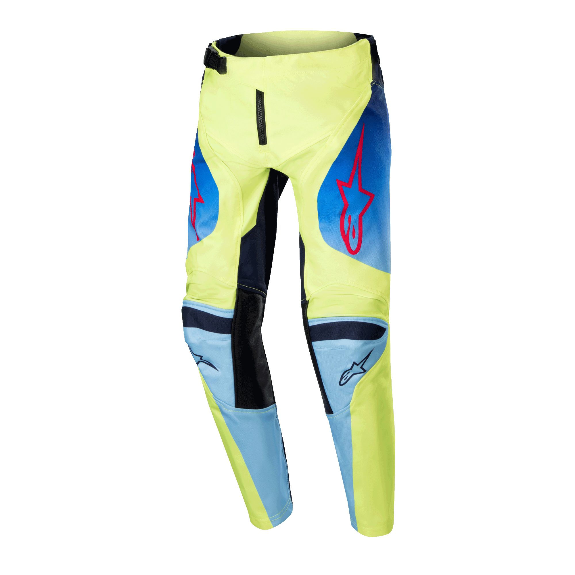 Alpinestars 2024 Youth Racer Hoen Pants, calças de motocross, amarelo néon e azul marinho, com logótipos de estrela Alpinestars vermelhos, painéis em azul marinho e joelhos reforçados pretos, design desportivo para corridas off-road
