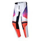 Alpinestars 2024 Youth Racer Hoen Pants, calças de motocross para jovens, cinza claro, laranja vibrante e preto, com painéis de joelho em laranja vibrante e logótipos pretos, gráficos nas coxas em degradê de roxo para laranja, design ergonómico pré-curvado para corridas todo-o-terreno