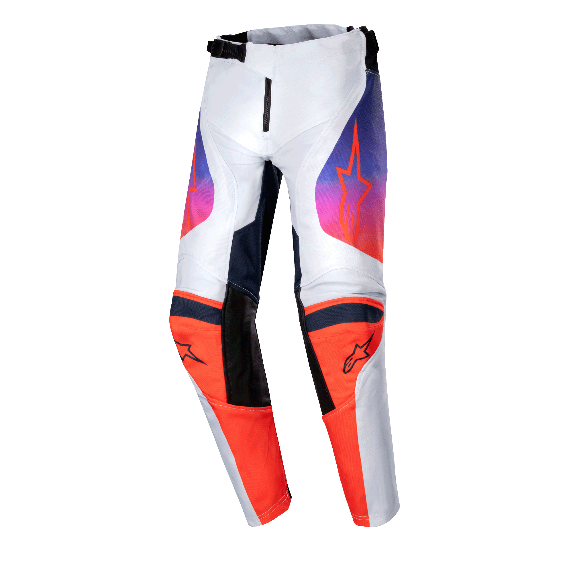Alpinestars 2024 Youth Racer Hoen Pants, calças de motocross para jovens, cinza claro, laranja vibrante e preto, com painéis de joelho em laranja vibrante e logótipos pretos, gráficos nas coxas em degradê de roxo para laranja, design ergonómico pré-curvado para corridas todo-o-terreno