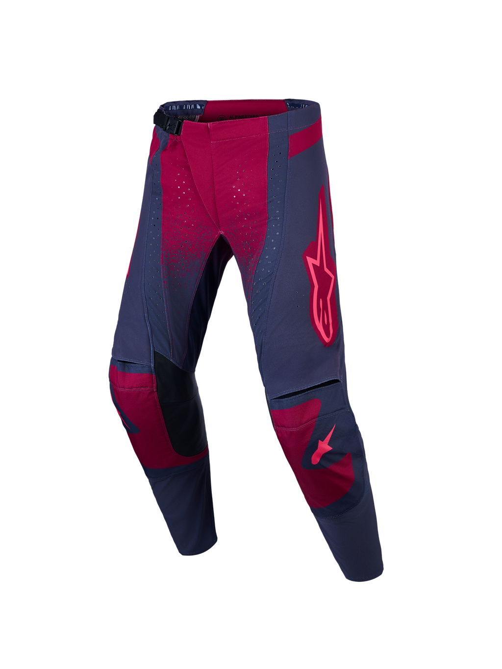 Alpinestars Stella Techstar Swan, calças de motocross para mulher, cinzentas e vermelhas, com painéis perfurados para fluxo de ar.