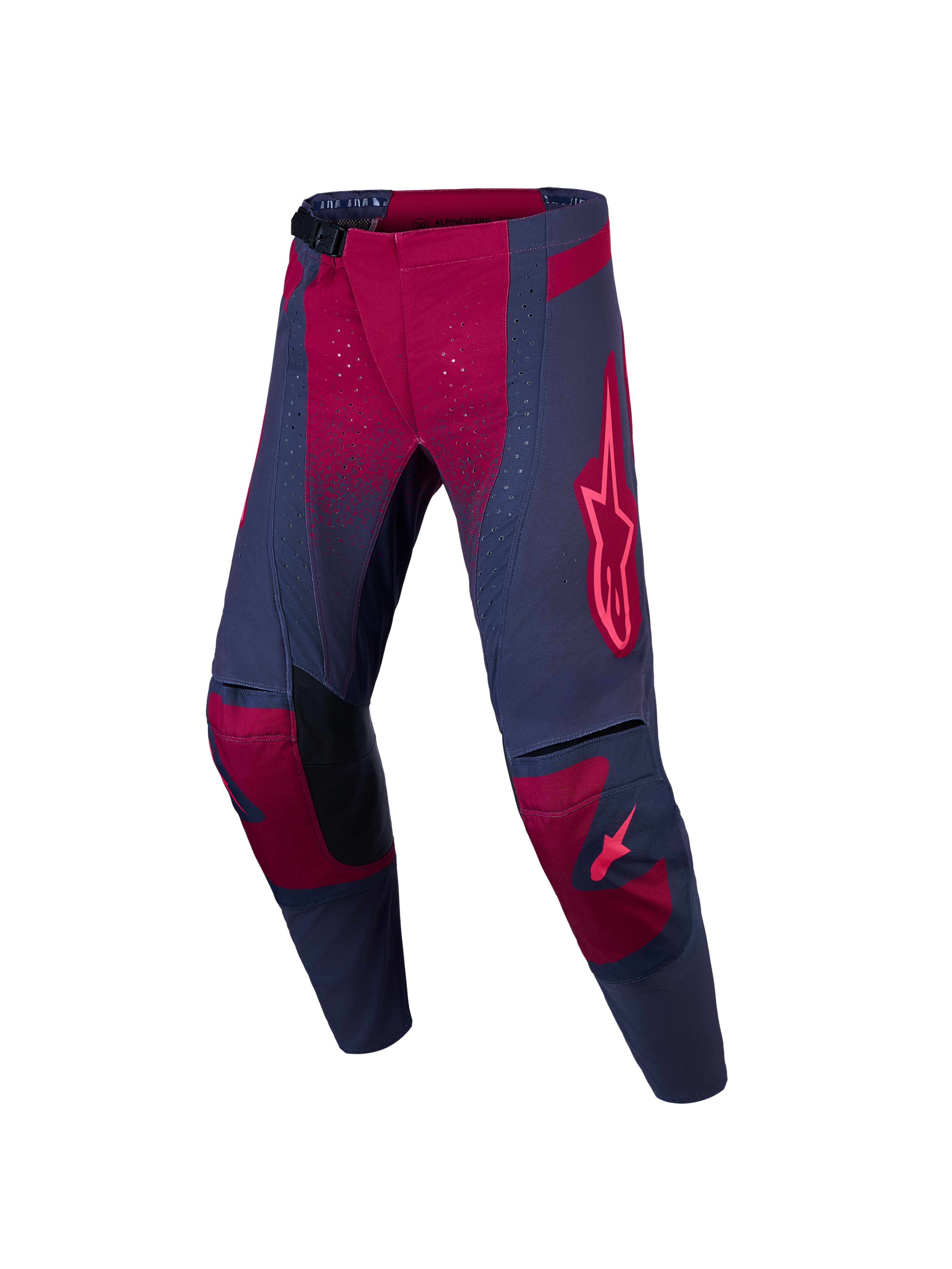 Alpinestars Stella Techstar Swan, calças de motocross para mulher, cinzentas e vermelhas, com painéis perfurados para fluxo de ar.