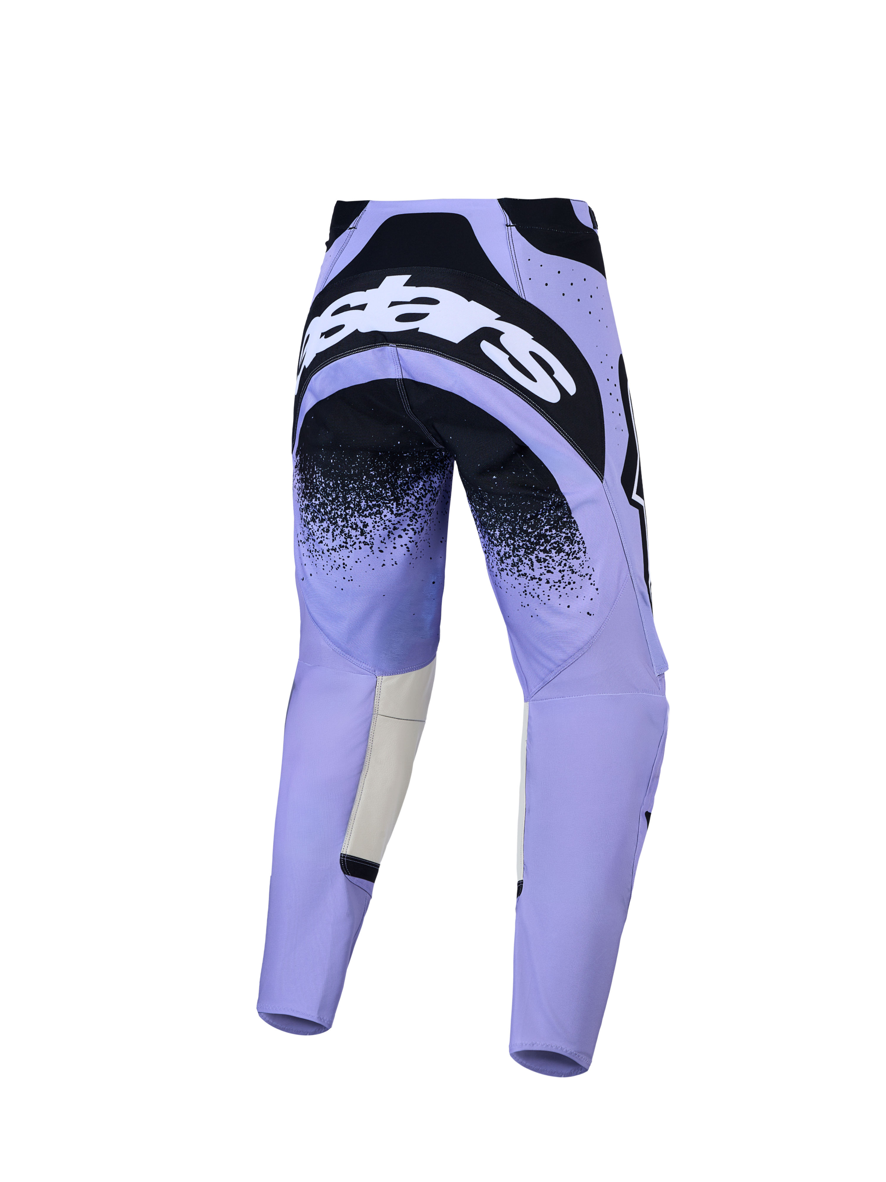 Alpinestars Stella Techstar Swan, calças de motocross para mulher, roxo claro e preto, vista traseira com assento reforçado.