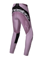 Alpinestars 2025 Stella Techstar Melt Femininas, calças de motocross, rosa e preto, vista traseira em três quartos mostrando a marca Alpinestars em branco na pala traseira, tecido ripstop rosa com detalhes pretos, concebidas para competição todo-o-terreno de alto desempenho