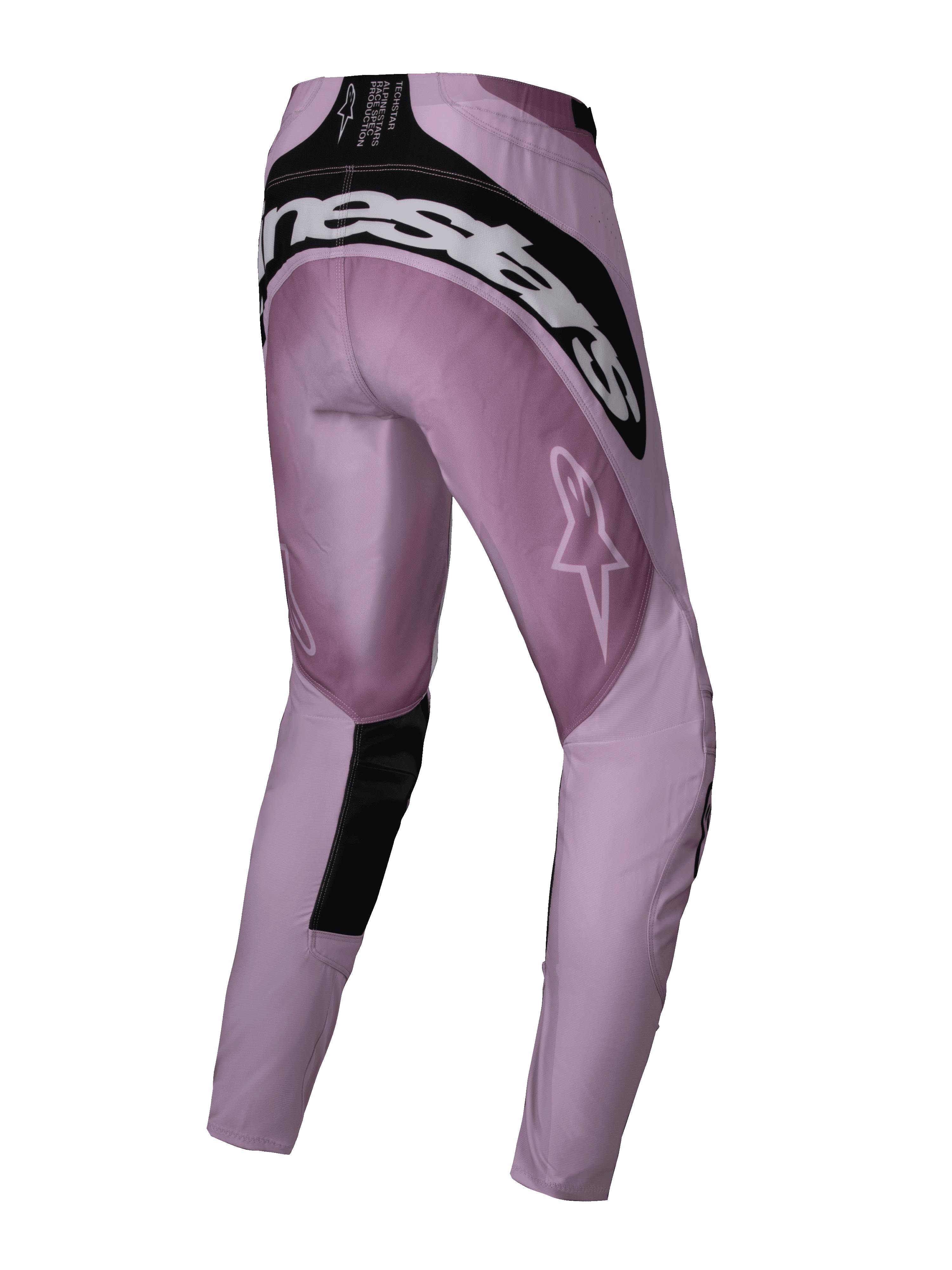 Alpinestars 2025 Stella Techstar Melt Femininas, calças de motocross, rosa e preto, vista traseira em três quartos mostrando a marca Alpinestars em branco na pala traseira, tecido ripstop rosa com detalhes pretos, concebidas para competição todo-o-terreno de alto desempenho