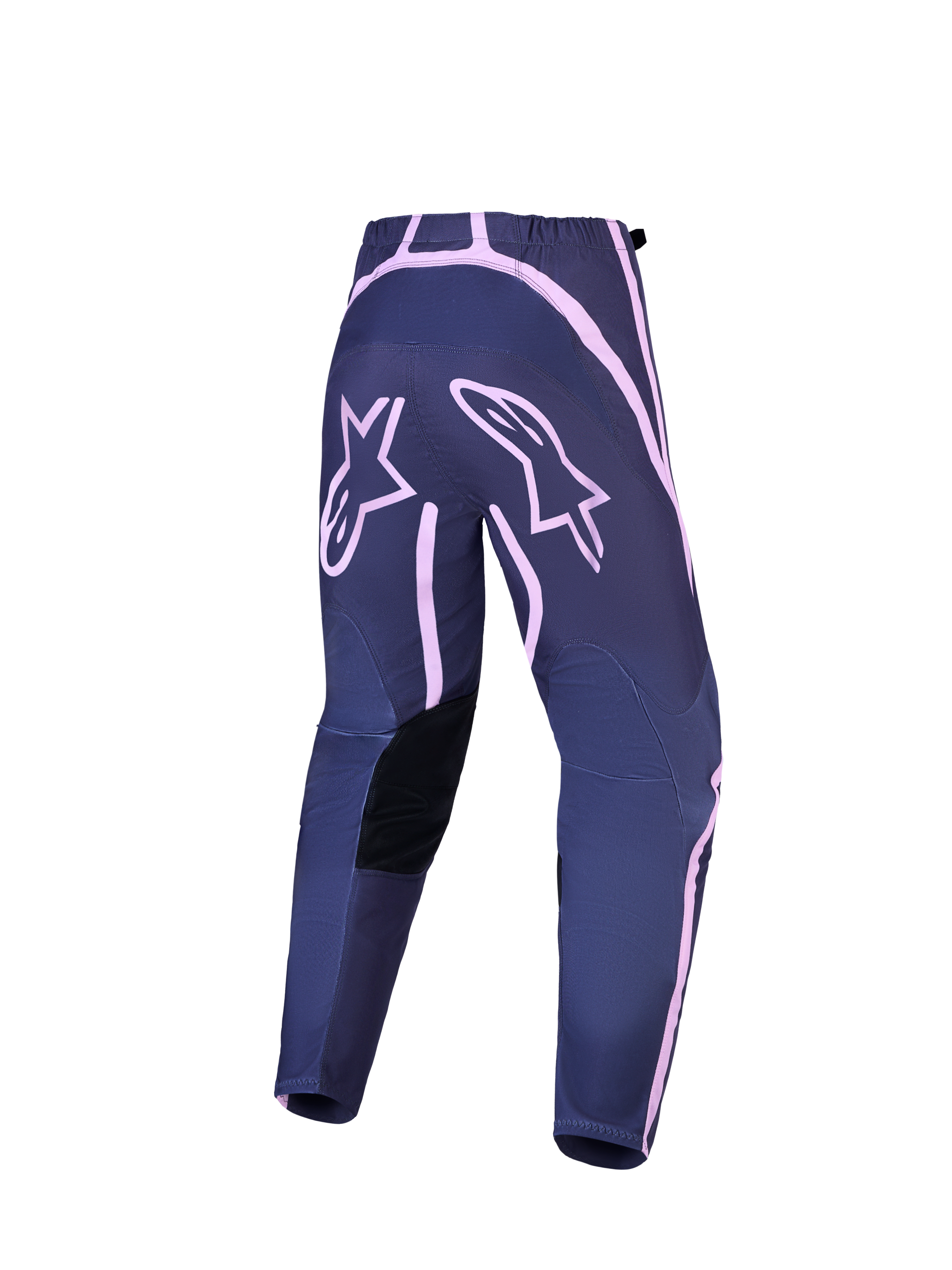 Alpinestars Stella Fluid Apex V2, calças de motocross para mulher, cinzentas e rosa, vista traseira com painéis de assento reforçados e logótipo Astars.