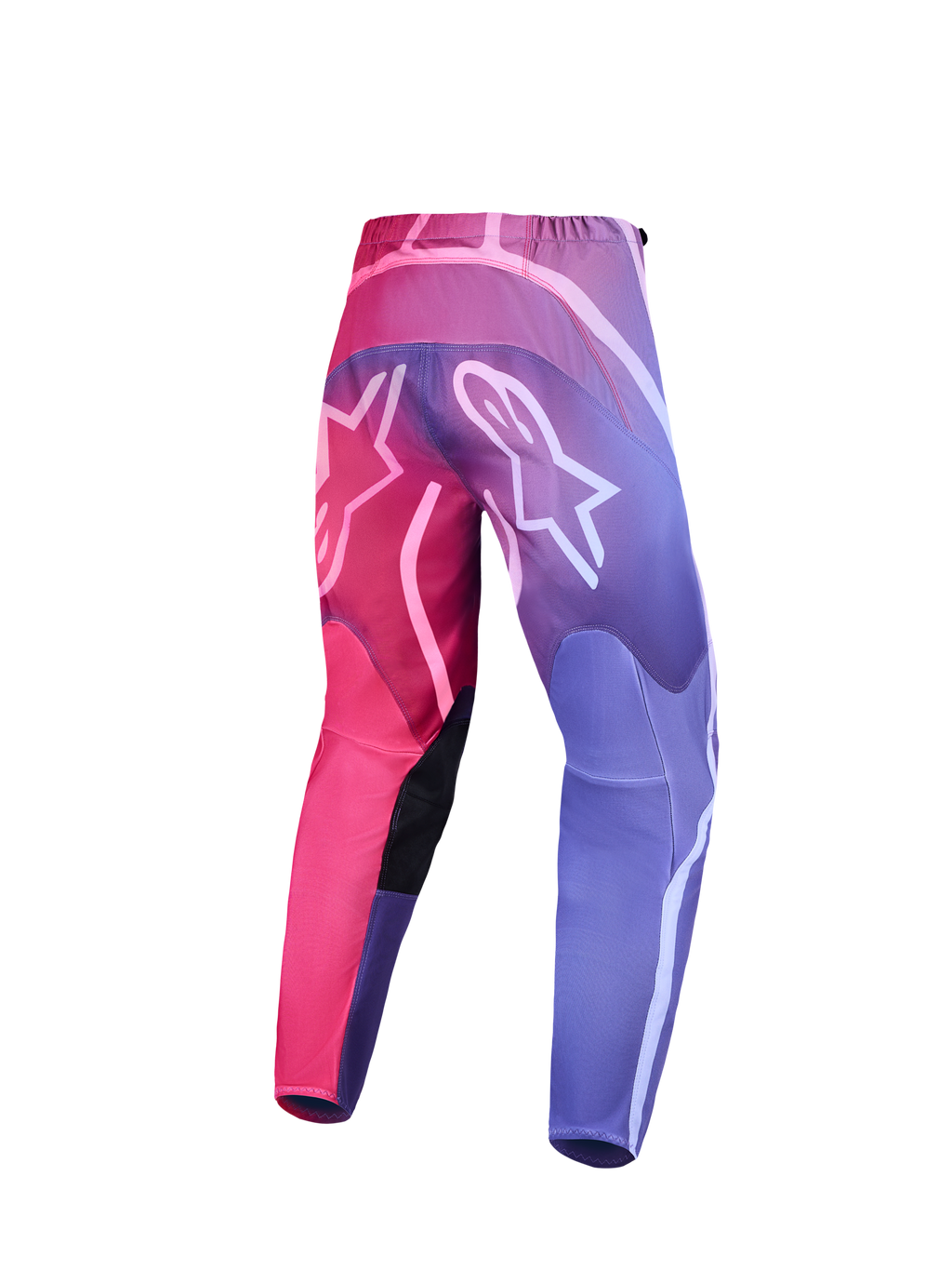 Alpinestars Stella Fluid Kepler, calças de motocross para mulher, gradiente rosa e roxo, vista traseira, logótipos brancos.