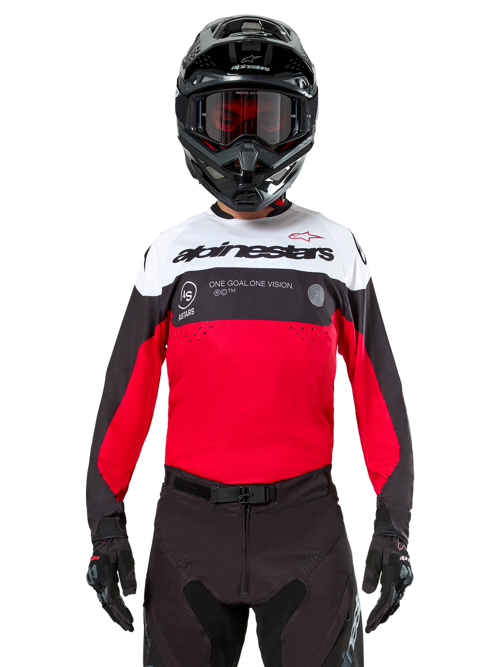 Alpinestars Pro-Dura Jersey, Motocross Jersey, Black Bright Red and White, worn with black helmet and goggles, sporty design with bold Alpinestars branding and laser perforations, performance enduro and off-road racing gear
