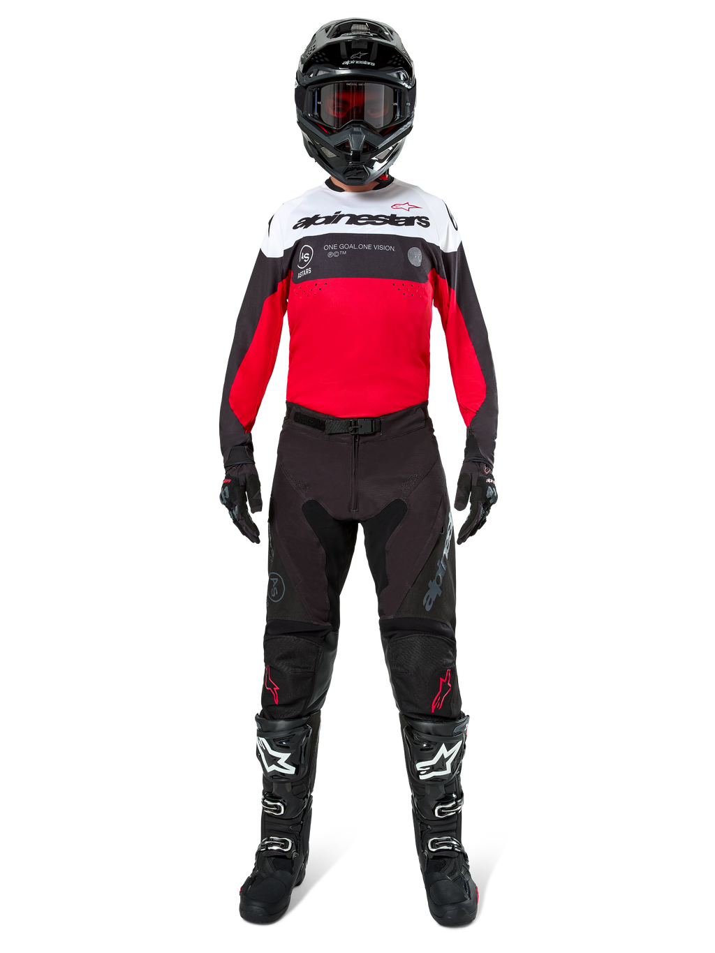 Motocross rider wearing the Alpinestars Pro-Dura Jersey in Black, Bright Red, and White, paired with black pants, black boots, and a black helmet, complete off-road racing gear.