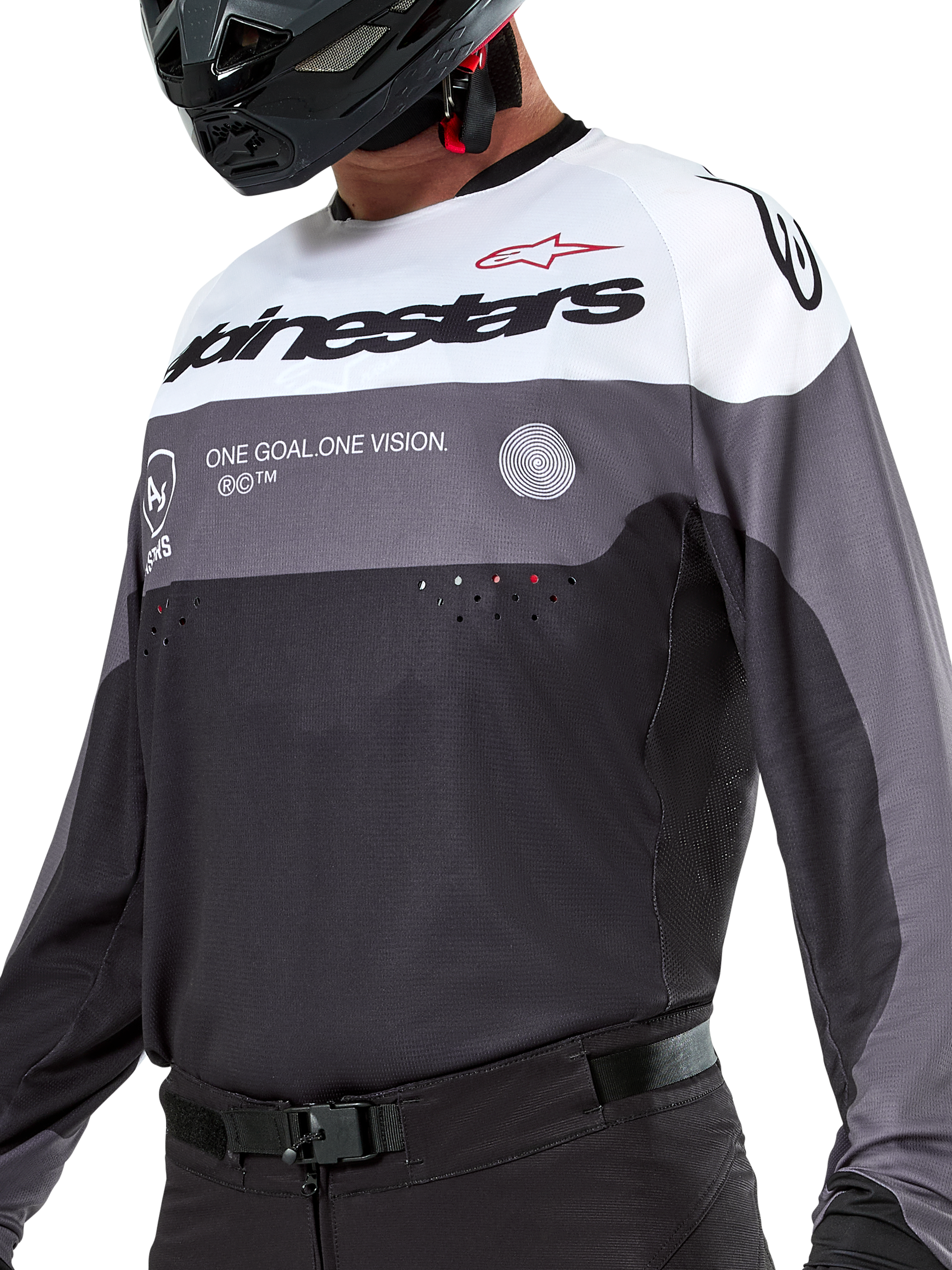 Alpinestars Pro-Dura Jersey, camisola de motocross e enduro, preto, magnet e branco, vestuário técnico para todo-o-terreno com perfurações cortadas a laser e construção em tecido de poliéster respirável