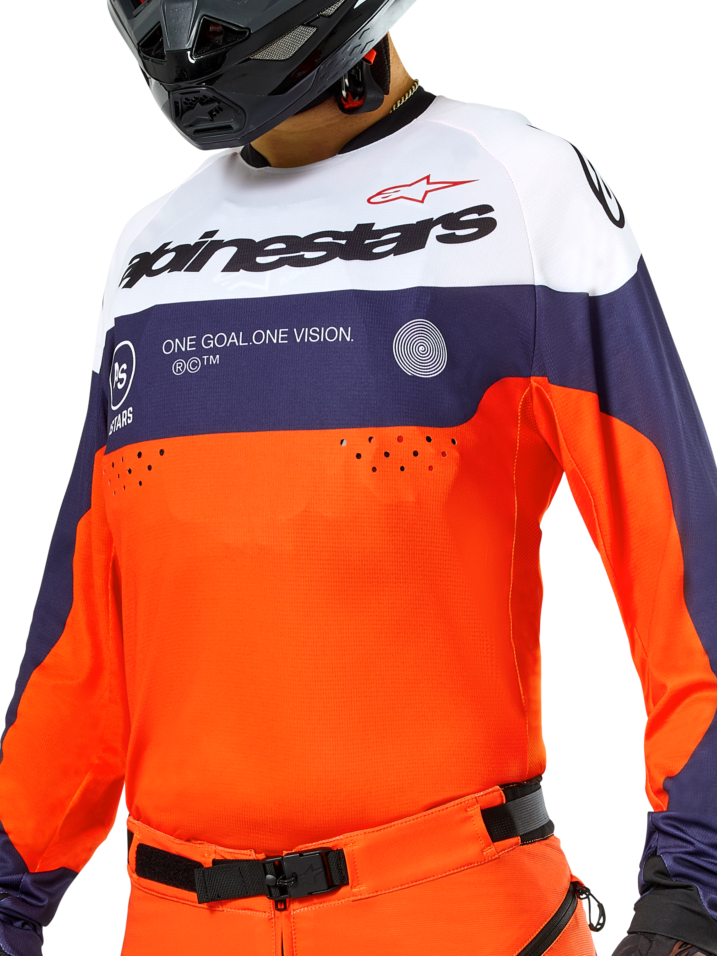 Alpinestars Pro-Dura Jersey, Motocross and Enduro Jersey, Navy Hot Orange and White, lightweight textile with breathable construction, long sleeves with stretch cuffs, sporty off-road design