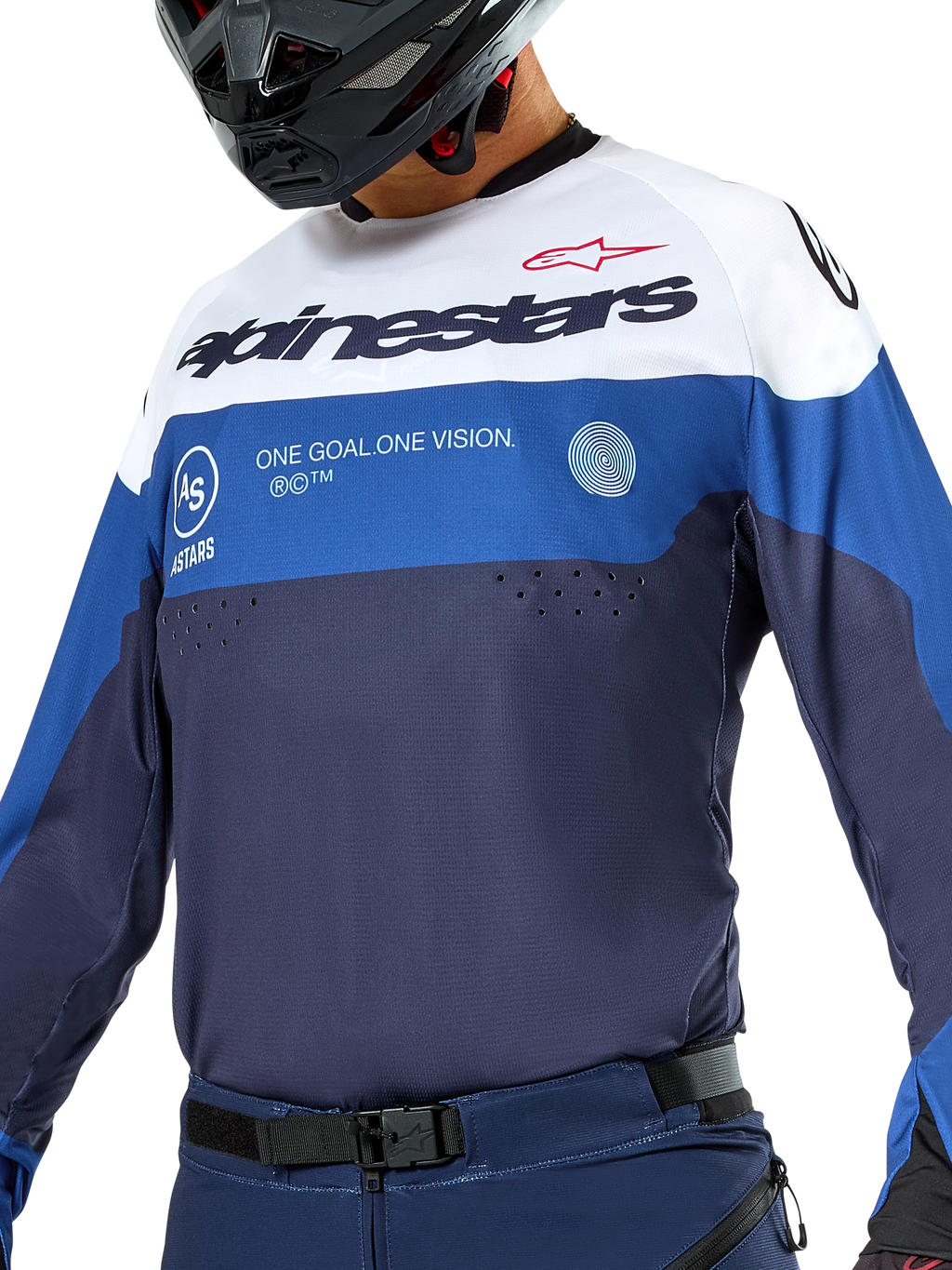 Camisola Alpinestars Pro-Dura, camisola de enduro e motocross, azul-marinho, azul brilhante e branco, corte atlético com branding em destaque, construção têxtil durável para desempenho em todo-o-terreno