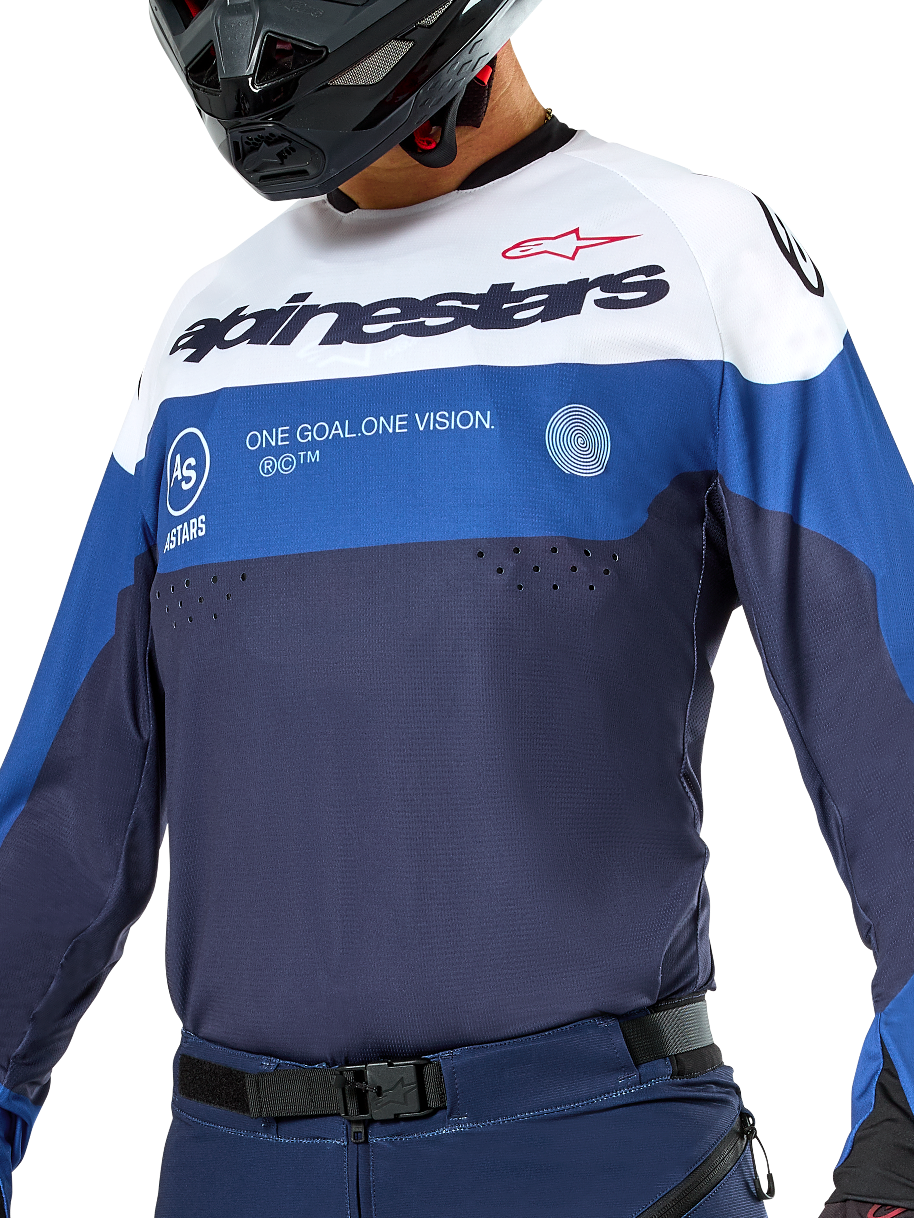 Camisola Alpinestars Pro-Dura, camisola de enduro e motocross, azul-marinho, azul brilhante e branco, corte atlético com branding em destaque, construção têxtil durável para desempenho em todo-o-terreno