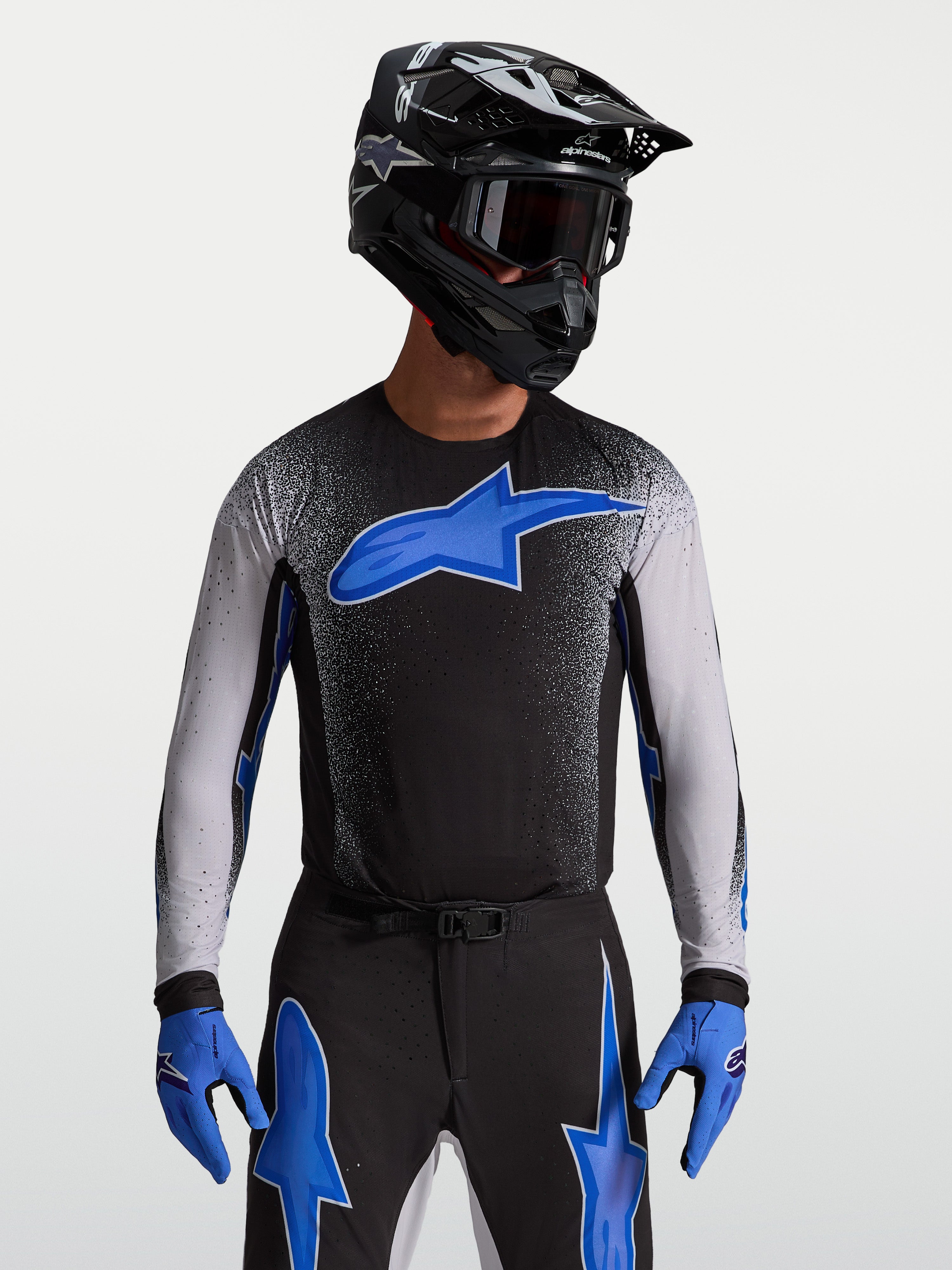 Alpinestars Camisola Supertech Hiten AFD, camisola de motocross para homem, preta e azul, com ajuste atlético pro.