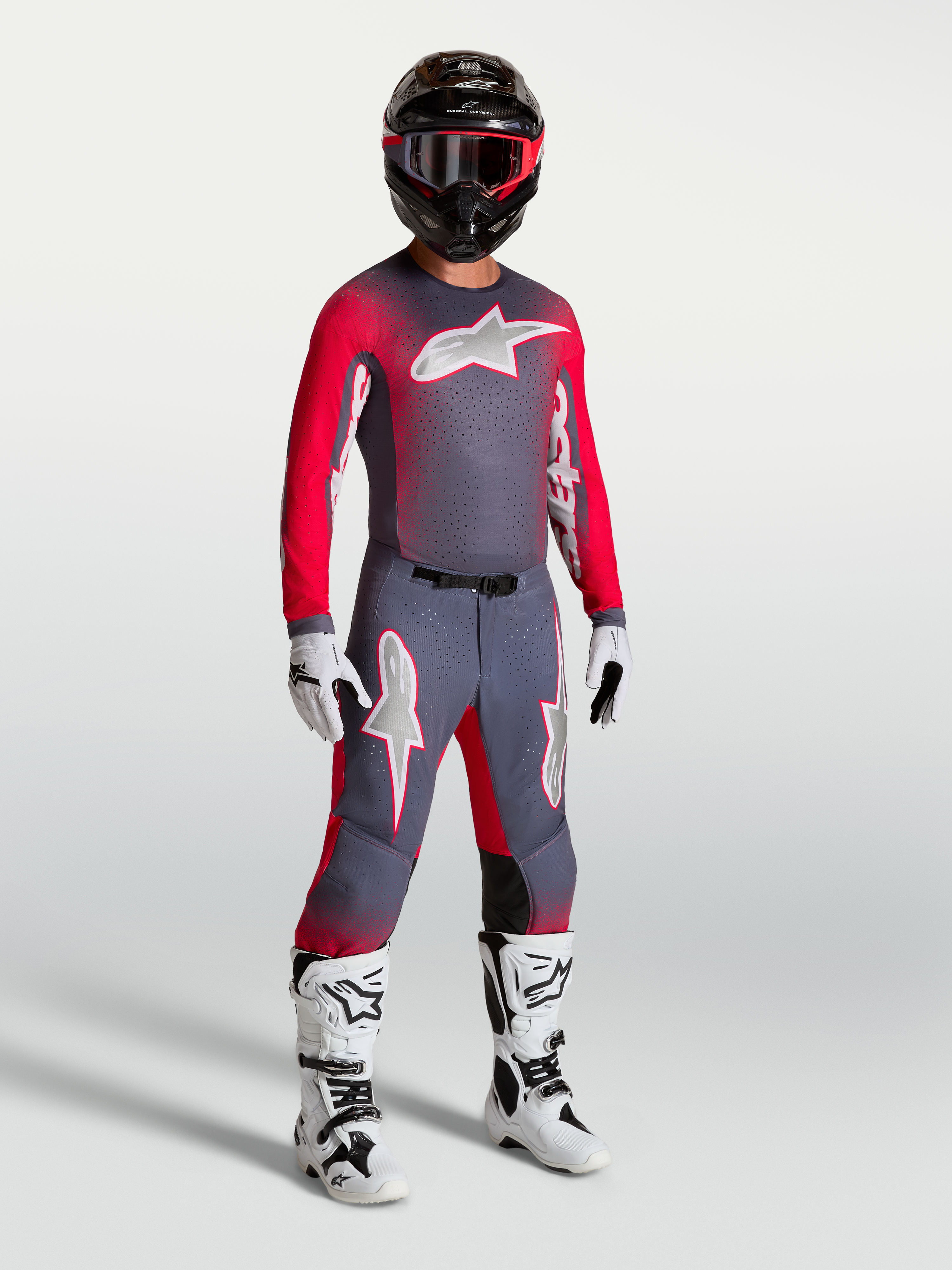 Alpinestars Supertech Hiten AFD, camisola de motocross para homem, cinzenta e vermelha fluo, ajuste atlético e respirável.