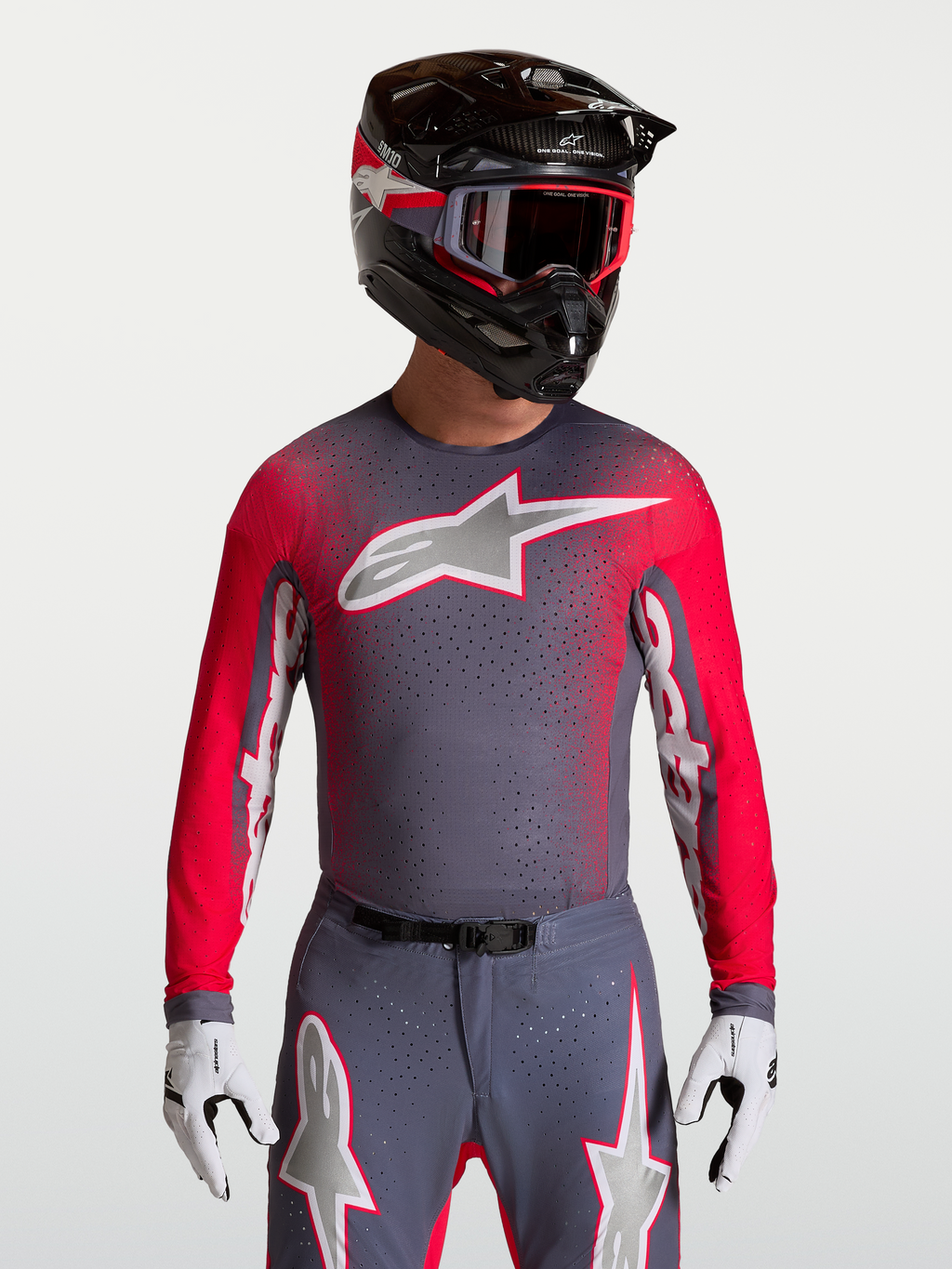 Camisola Alpinestars Supertech Hiten AFD, para motocross, cinzenta e vermelha fluo, malha ventilada premium para homem.