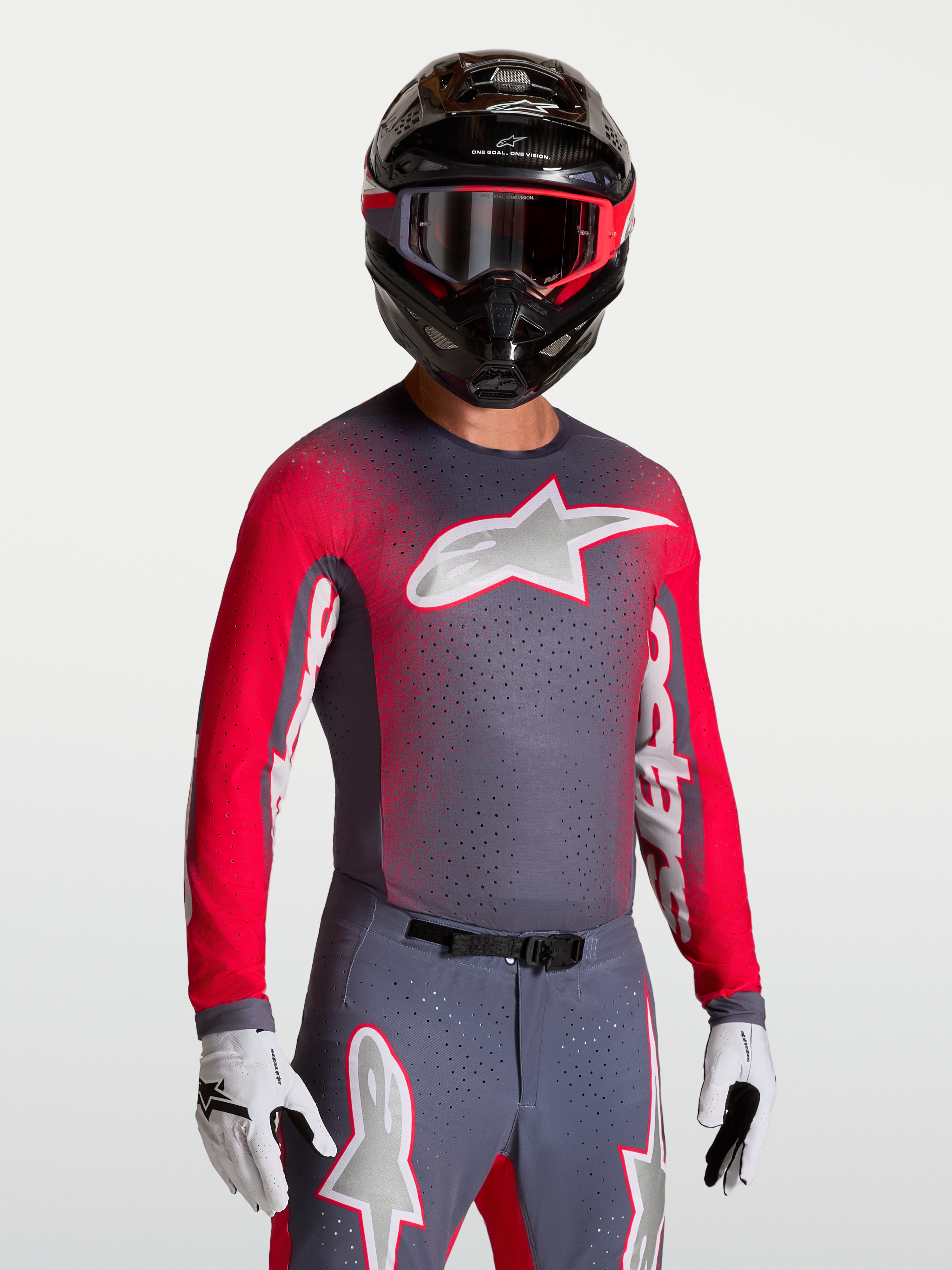 Alpinestars Supertech Hiten AFD, camisola de motocross para homem, cinzenta e vermelha fluo, malha respirável perfurada