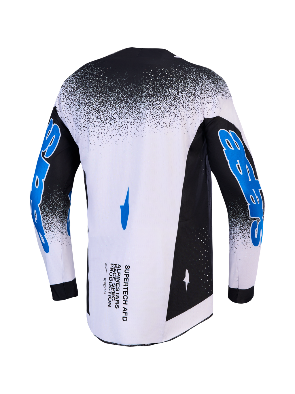 Alpinestars Supertech Hiten AFD, camisola de motocross para homem, ajuste de corrida, preta, branca e azul, vista traseira.