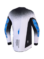 Alpinestars Supertech Hiten AFD, camisola de motocross para homem, ajuste de corrida, preta, branca e azul, vista traseira.
