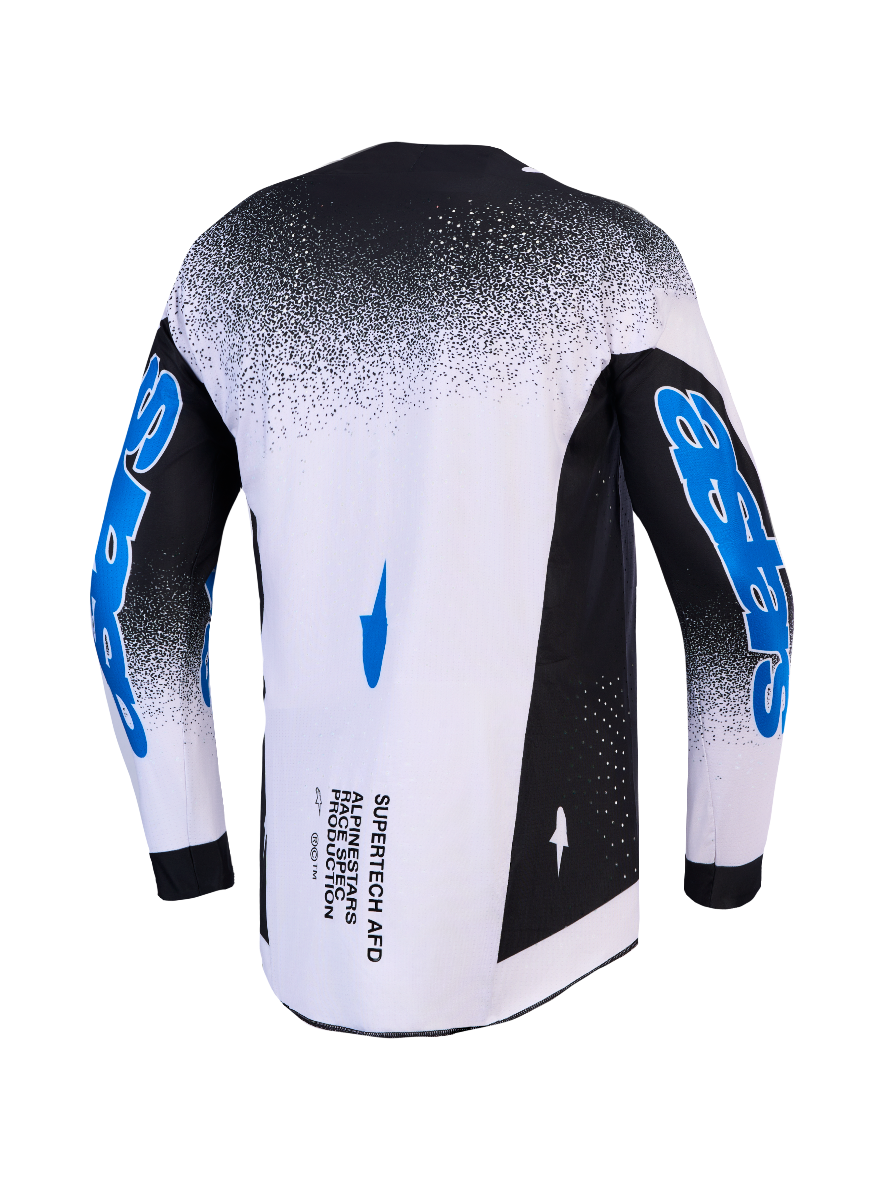 Alpinestars Supertech Hiten AFD, camisola de motocross para homem, ajuste de corrida, preta, branca e azul, vista traseira.