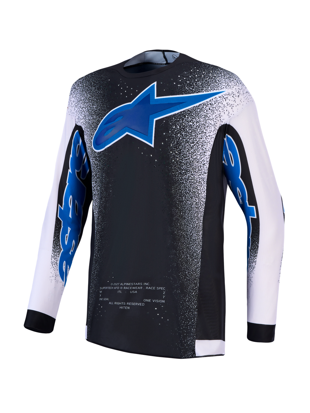Alpinestars Supertech Hiten AFD, camisola de motocross preta e azul com mangas brancas e construção em malha ventilada.