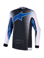 Alpinestars Supertech Hiten AFD, camisola de motocross preta e azul com mangas brancas e construção em malha ventilada.
