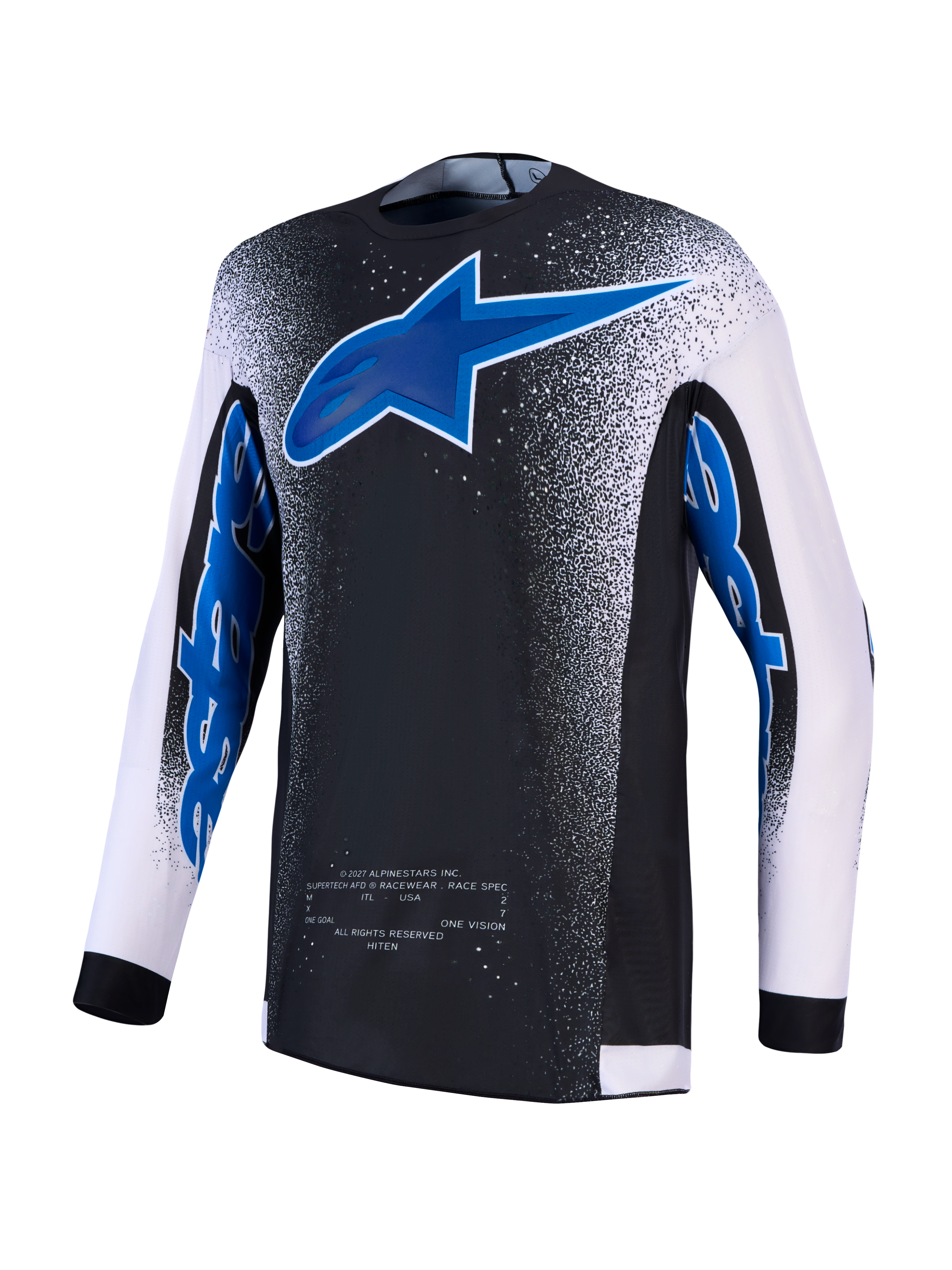 Alpinestars Supertech Hiten AFD, camisola de motocross preta e azul com mangas brancas e construção em malha ventilada.