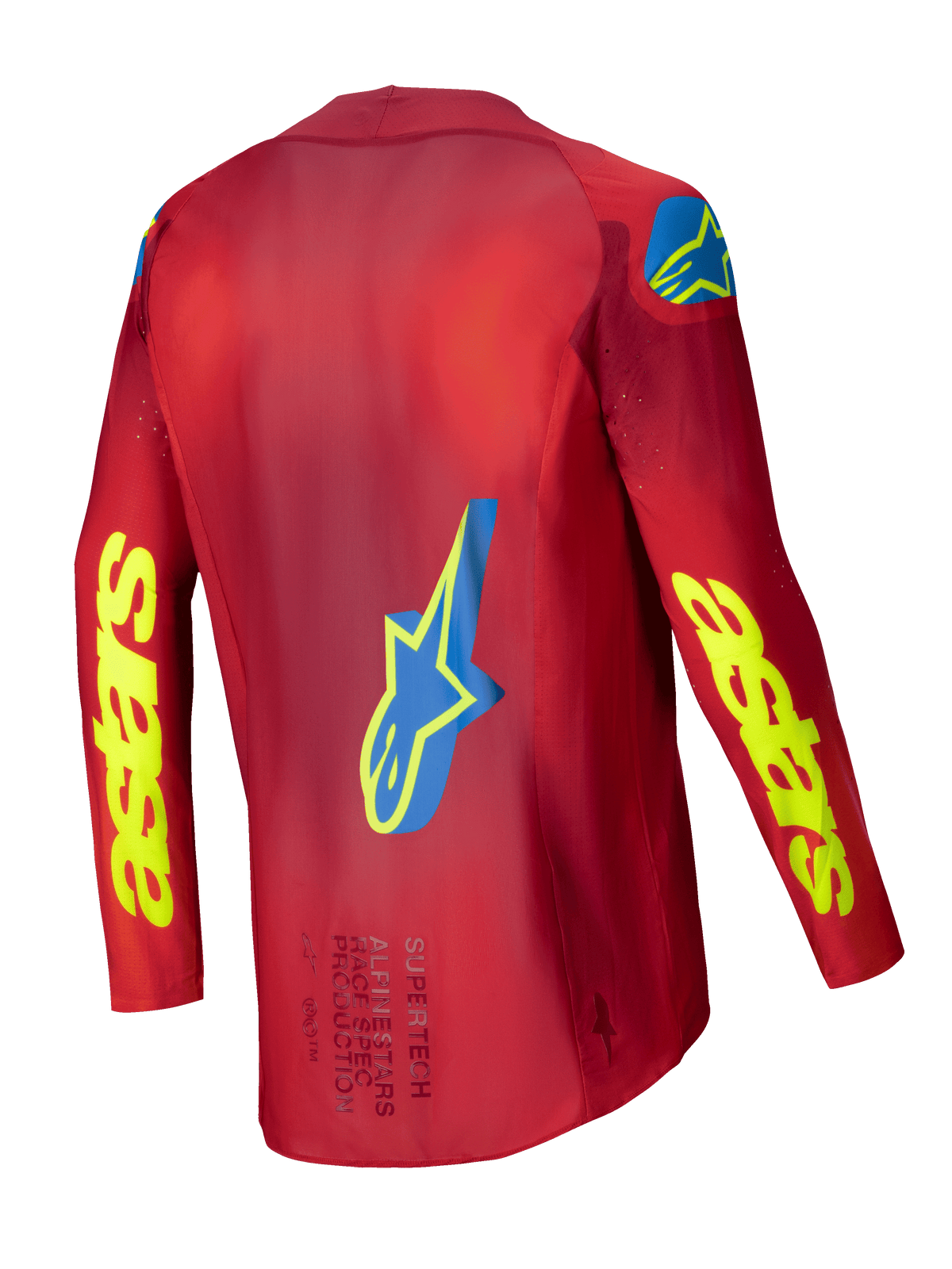 Alpinestars Camisola Supertech Maker 2025, camisola de motocross para homem, vermelha e amarelo fluo, vista traseira mostrando a construção em malha elástica e os detalhes gráficos