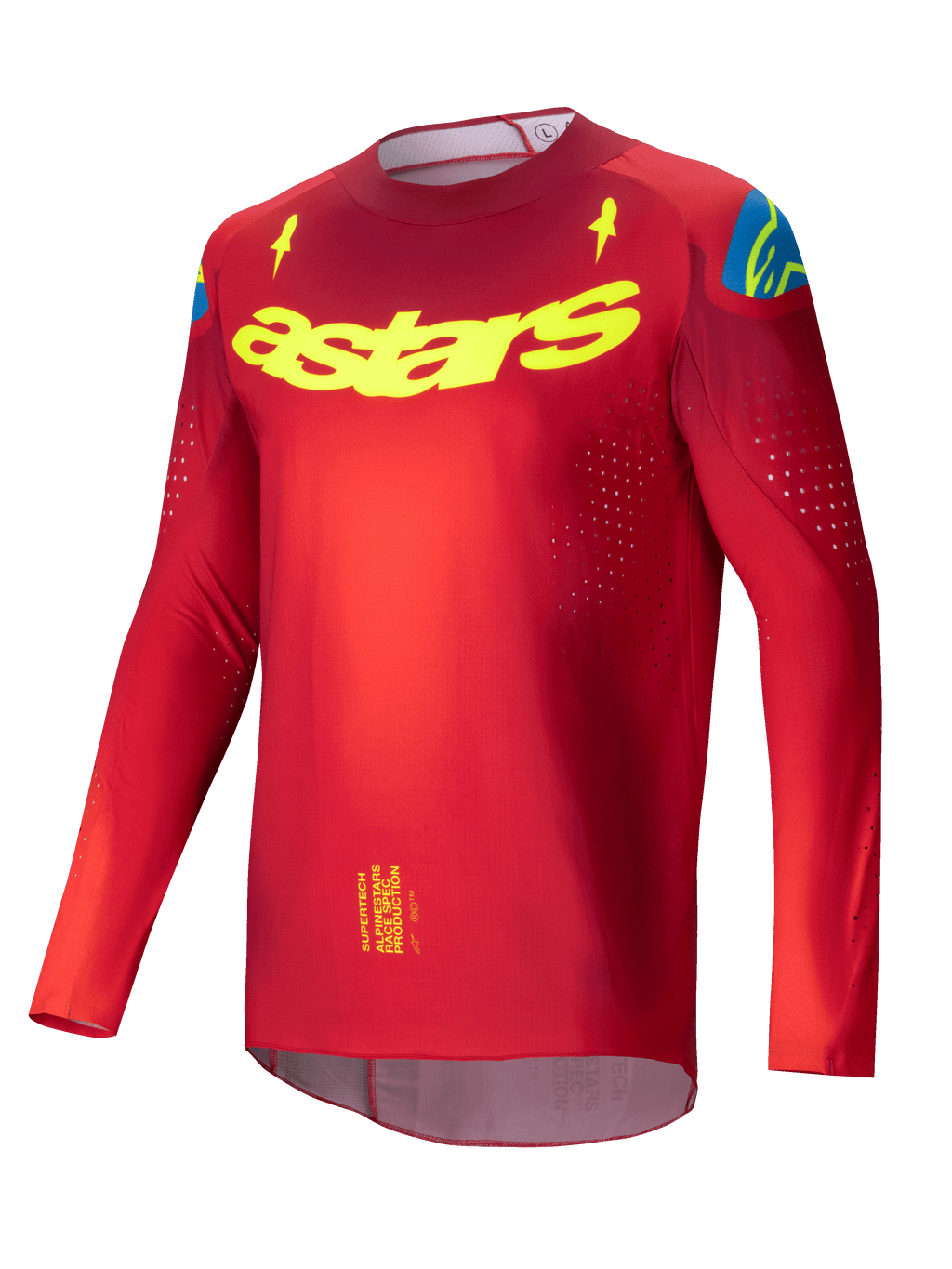 Alpinestars Supertech Maker Jersey 2025, camisola de motocross profissional para homem em vermelho vivo e amarelo fluo, malha elástica ultraleve com perfurações de ventilação a laser