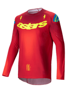 Alpinestars Supertech Maker Jersey 2025, camisola de motocross profissional para homem em vermelho vivo e amarelo fluo, malha elástica ultraleve com perfurações de ventilação a laser