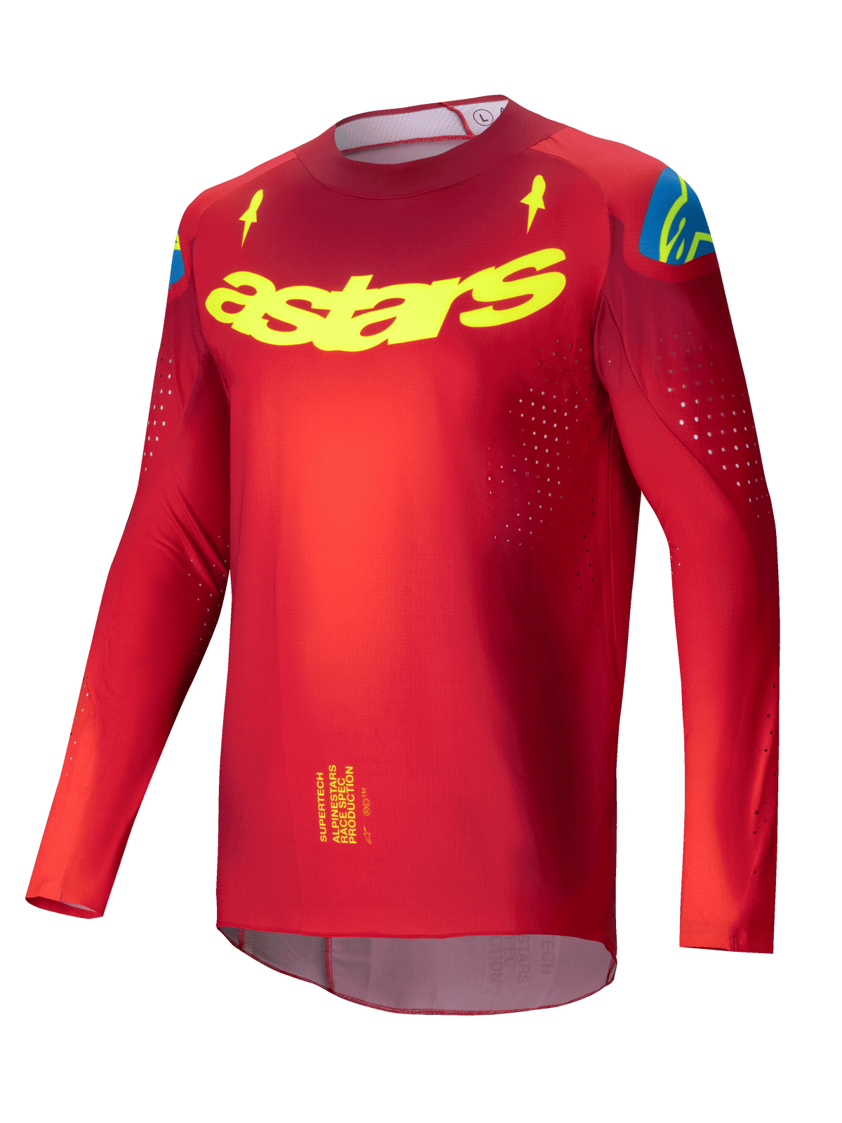 Alpinestars Supertech Maker Jersey 2025, camisola de motocross profissional para homem em vermelho vivo e amarelo fluo, malha elástica ultraleve com perfurações de ventilação a laser