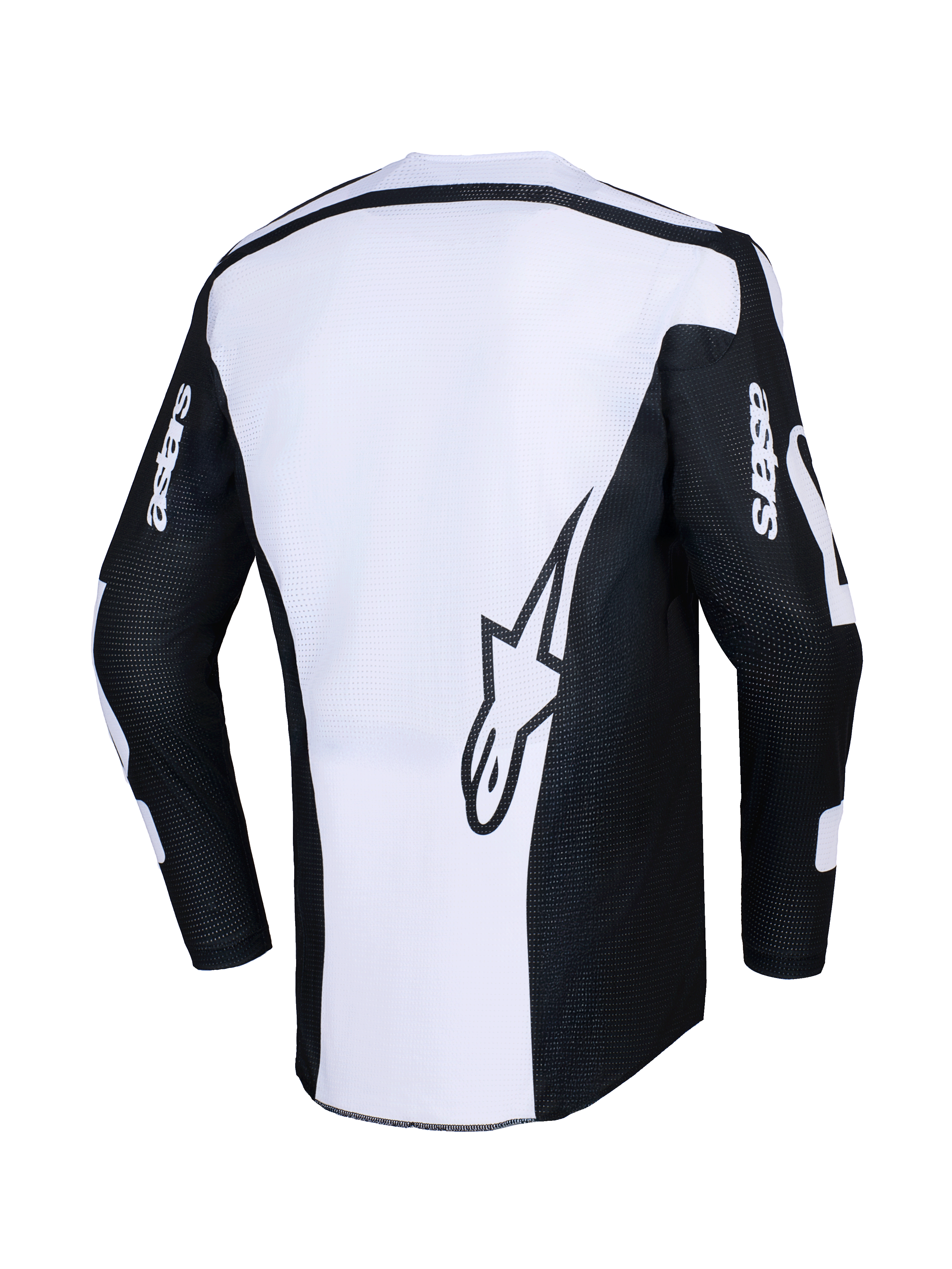 Alpinestars 2026 Racer Air Riway Jersey, camisola de motocross, preta e branca, vista traseira com logótipo de estrela grande no painel branco, mangas pretas com marca 'astars', tecido de malha perfurada para fluxo de ar, equipamento técnico para condução off-road