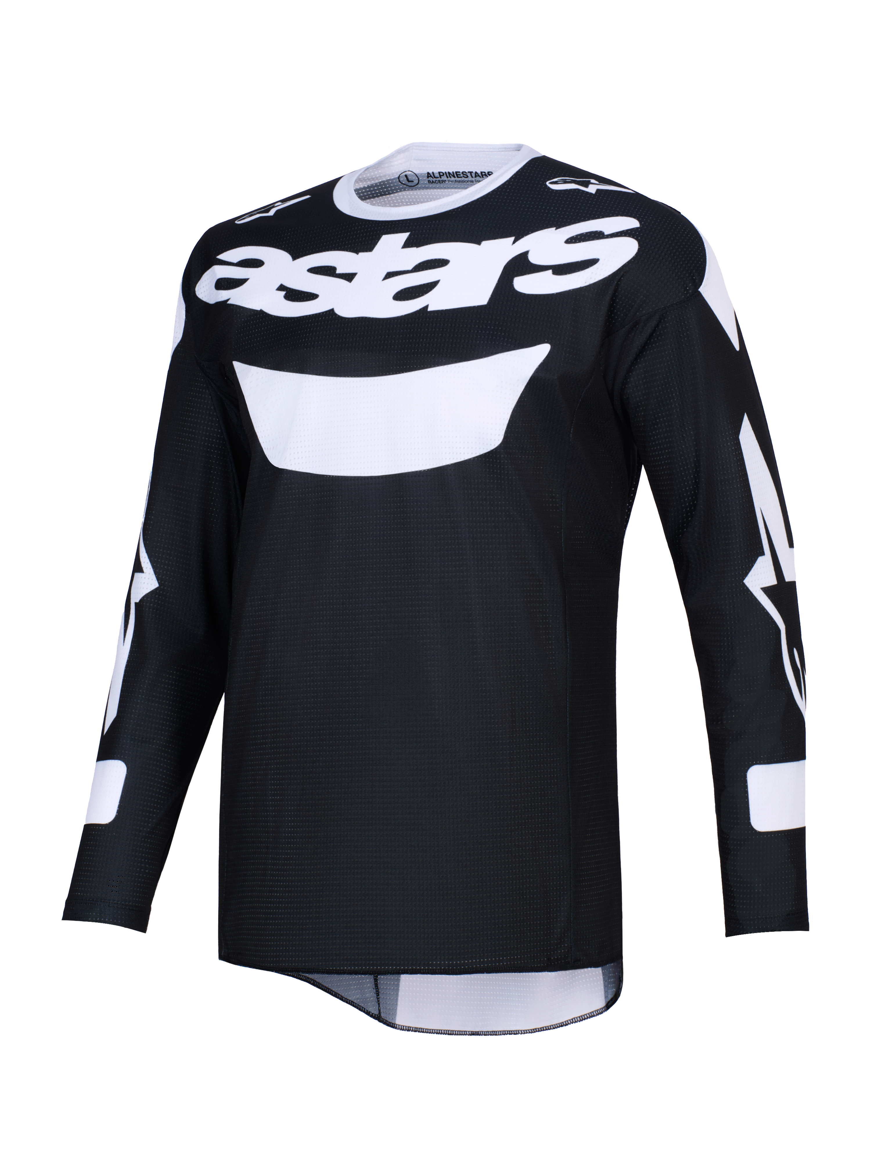 Camisola Alpinestars 2026 Racer Air Riway, camisola de motocross preta e branca, com logótipo astars branco no peito, tecido de malha leve para elevado fluxo de ar, mangas compridas e corte atlético para performance off-road