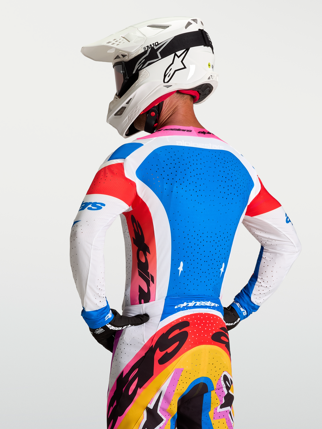 Alpinestars Camisola Supertech Dyna, camisola de motocross masculina, azul e branca, malha elástica com ventilação a laser.