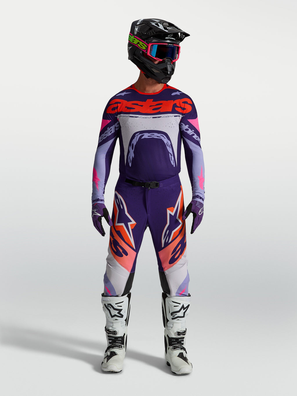 Alpinestars Camisola Supertech Dyna, camisola de motocross para homem, roxo e violeta com detalhes rosa fluo, construção técnica de alto desempenho.