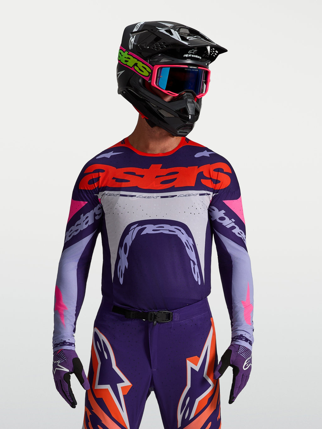 Alpinestars Camisola Supertech Dyna, camisola de motocross roxa e rosa fluo, ajuste atlético em malha ventilada para homem.