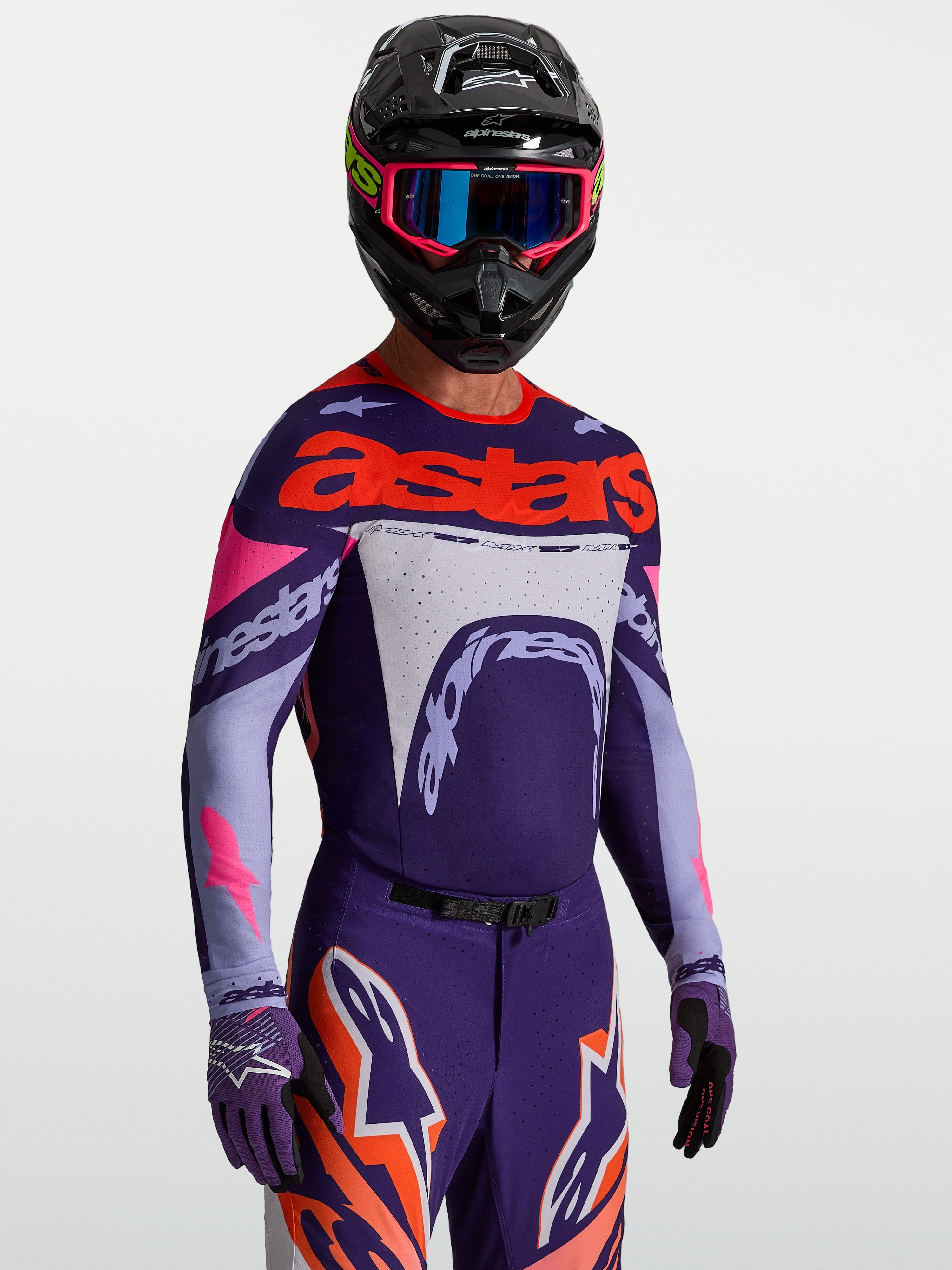Alpinestars Supertech Dyna, camisola de motocross para homem, roxa e violeta com rosa fluo, malha elástica e corte atlético