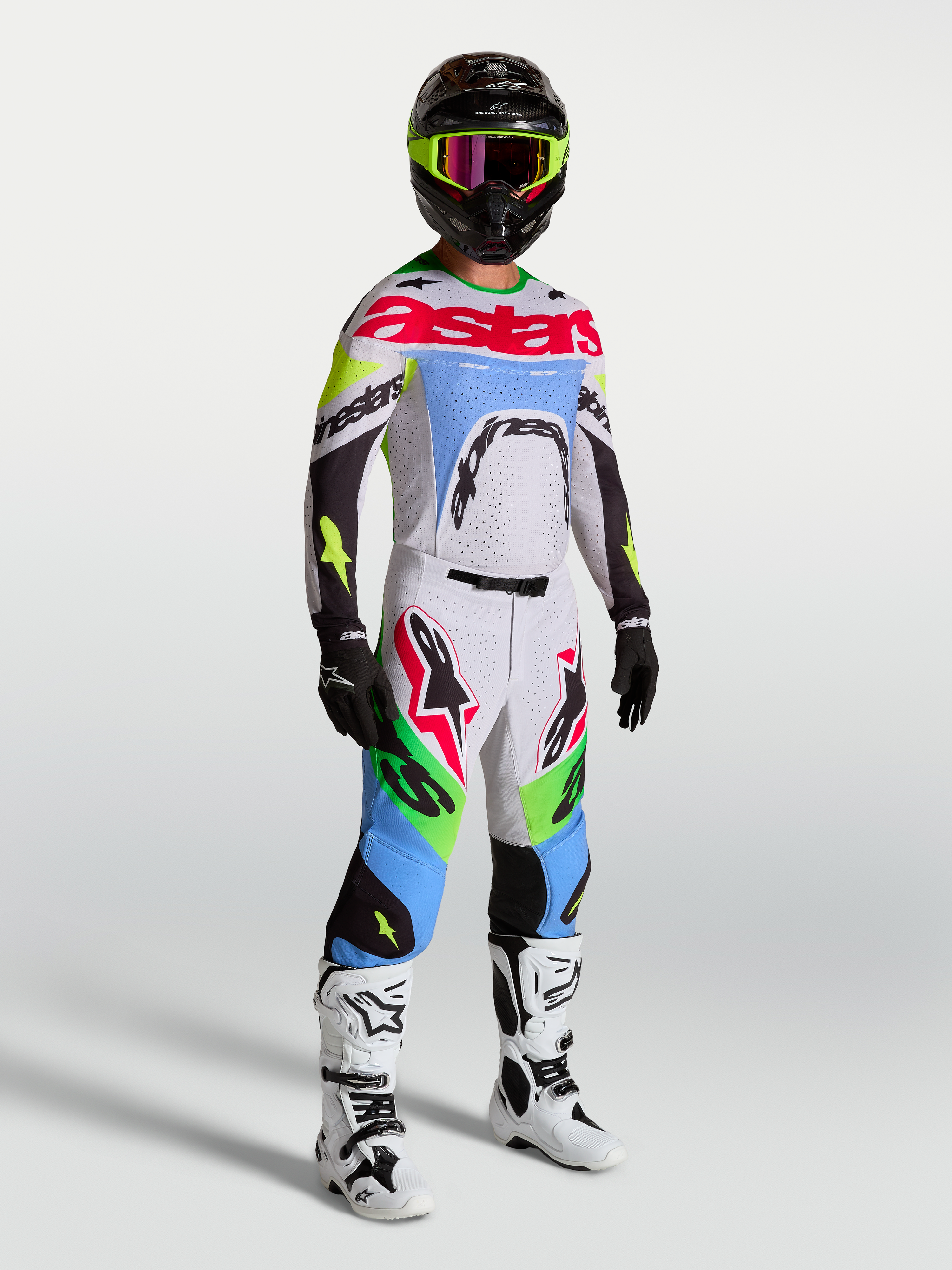 Alpinestars Camisola Supertech Dyna 2027 e Gear Set, conjunto de motocross para homem, lilás claro e verde fluo, ajuste atlético.