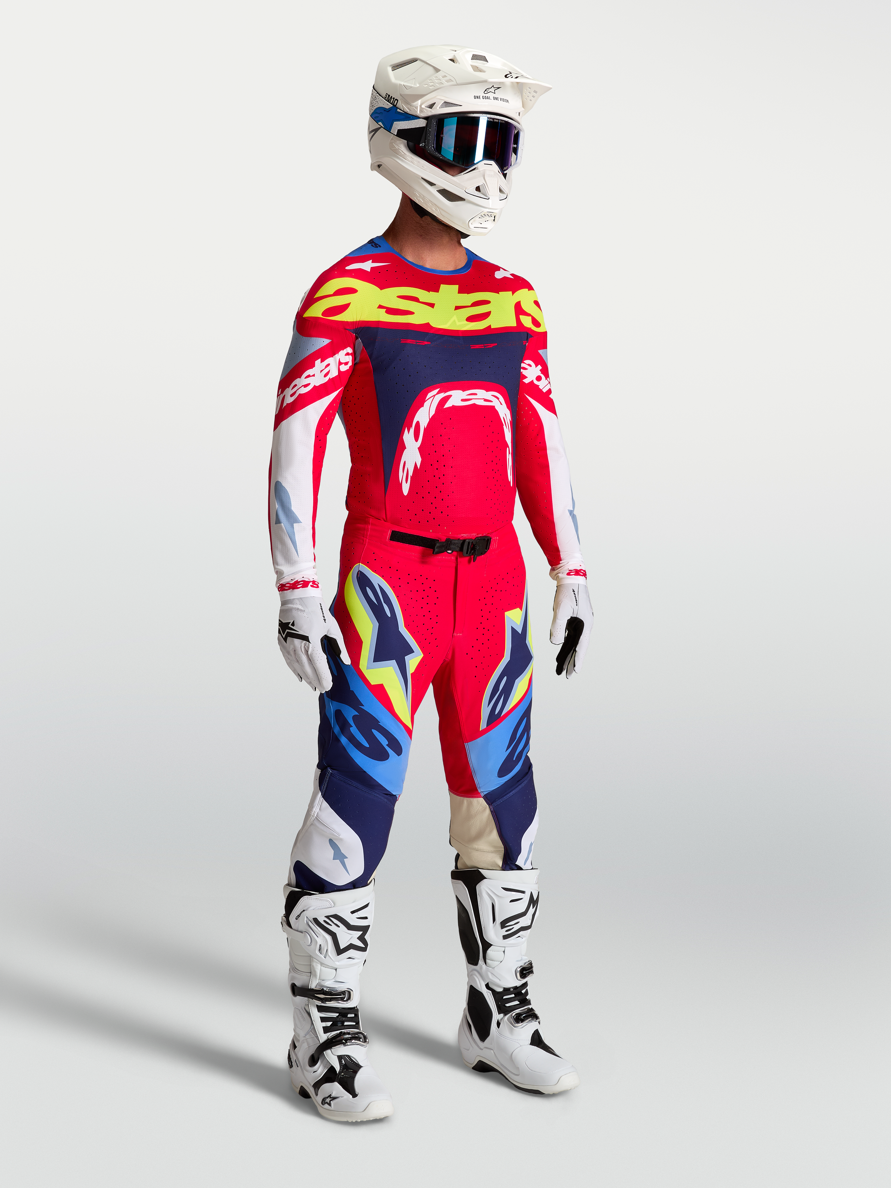 Alpinestars Supertech Dyna, camisola e conjunto de motocross, vermelho fogo e azul-marinho, kit de corrida profissional.