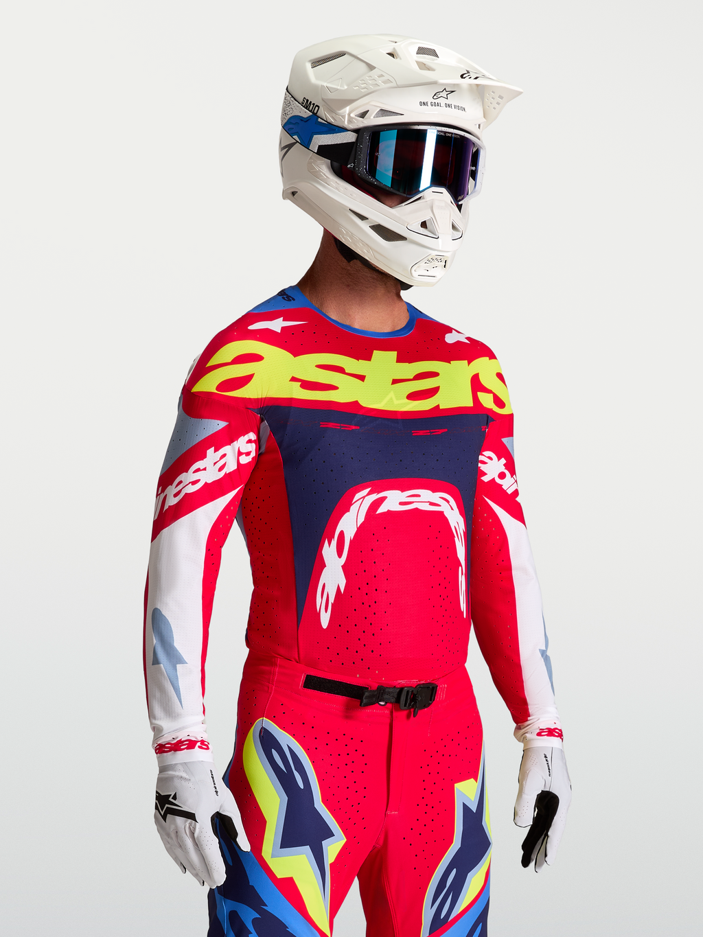 Alpinestars Camisola Supertech Dyna, camisola de motocross para homem, vermelha, azul-marinho e amarela, malha elástica ventilada com ajuste atlético de nível profissional para competição