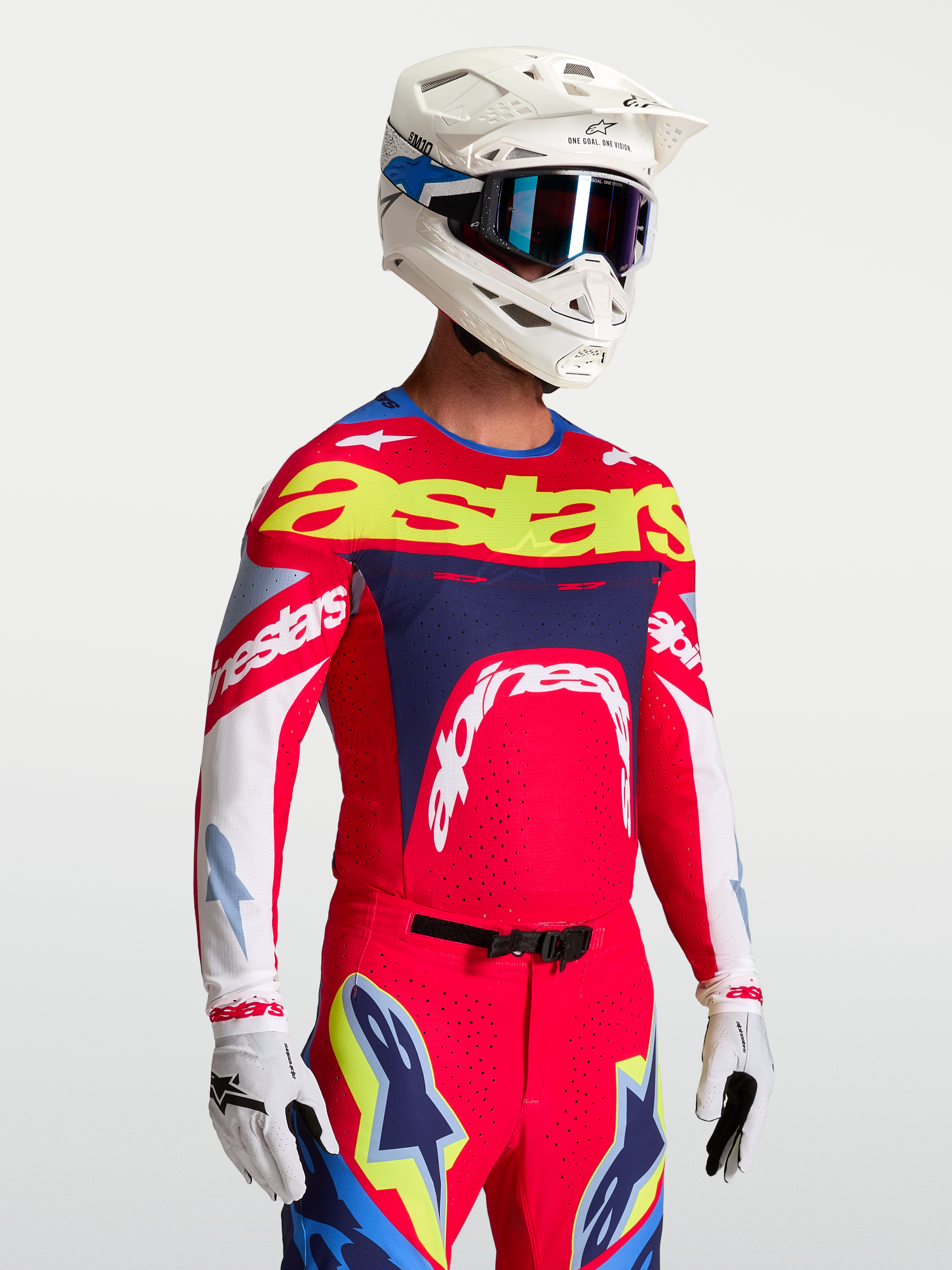 Alpinestars Camisola Supertech Dyna, camisola de motocross para homem, vermelha, azul-marinho e amarela, malha elástica ventilada com ajuste atlético de nível profissional para competição