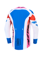 Alpinestars Camisola Supertech Dyna, camisola de motocross para homem, azul e branca, vista traseira com malha respirável.