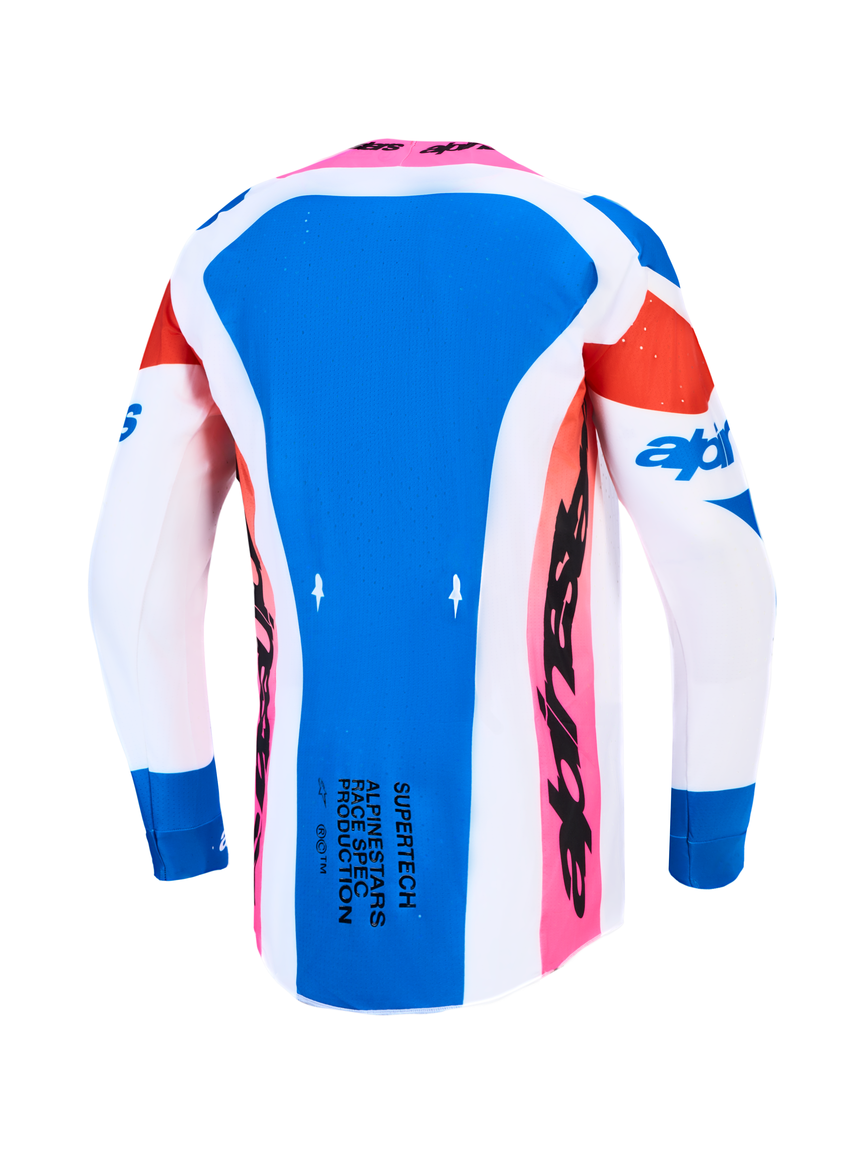 Alpinestars Camisola Supertech Dyna, camisola de motocross para homem, azul e branca, vista traseira com malha respirável.