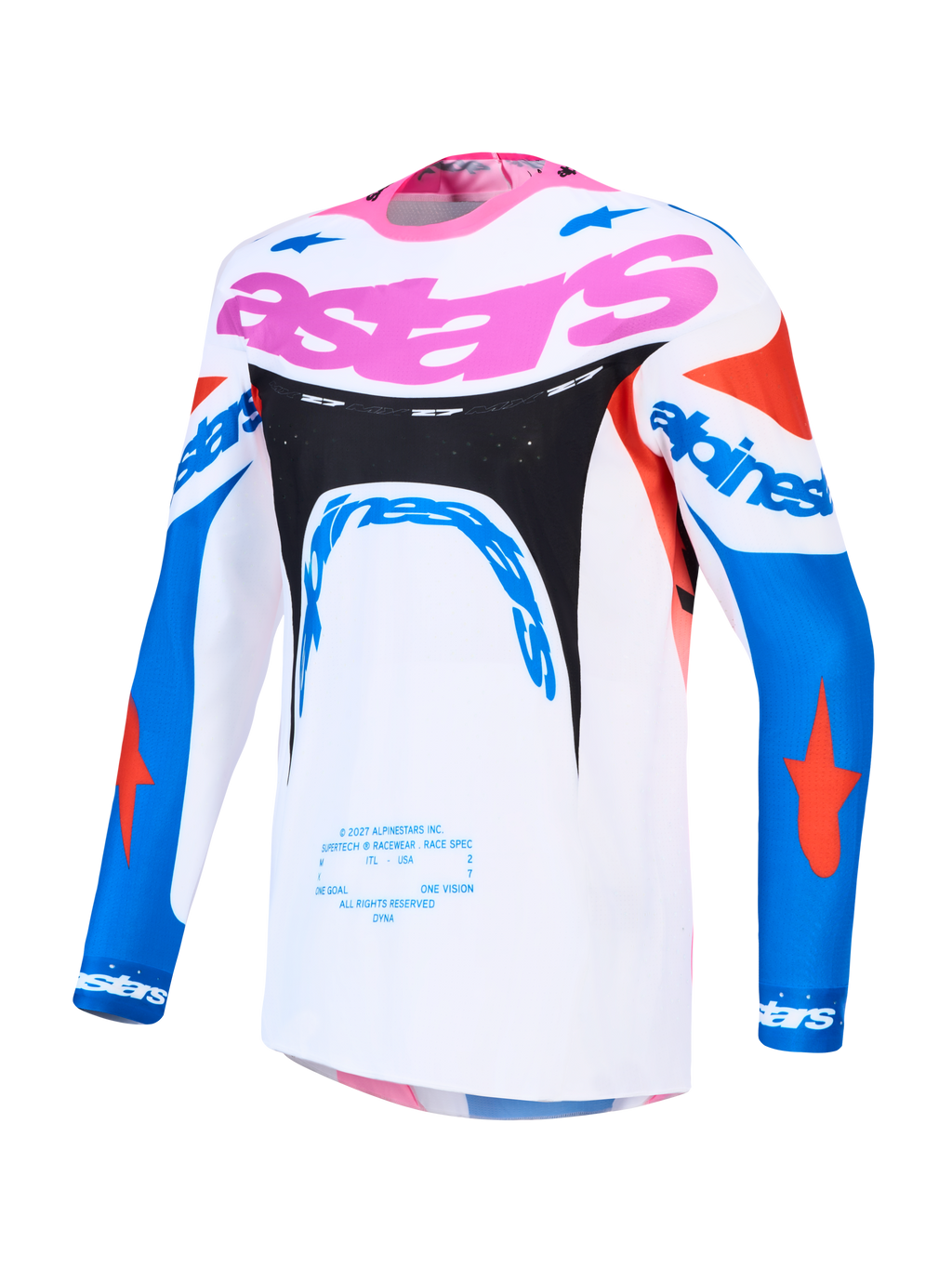 Alpinestars Supertech Dyna, camisola de motocross para homem, branca, azul e rosa, em malha elástica leve e respirável, design de performance de nível profissional
