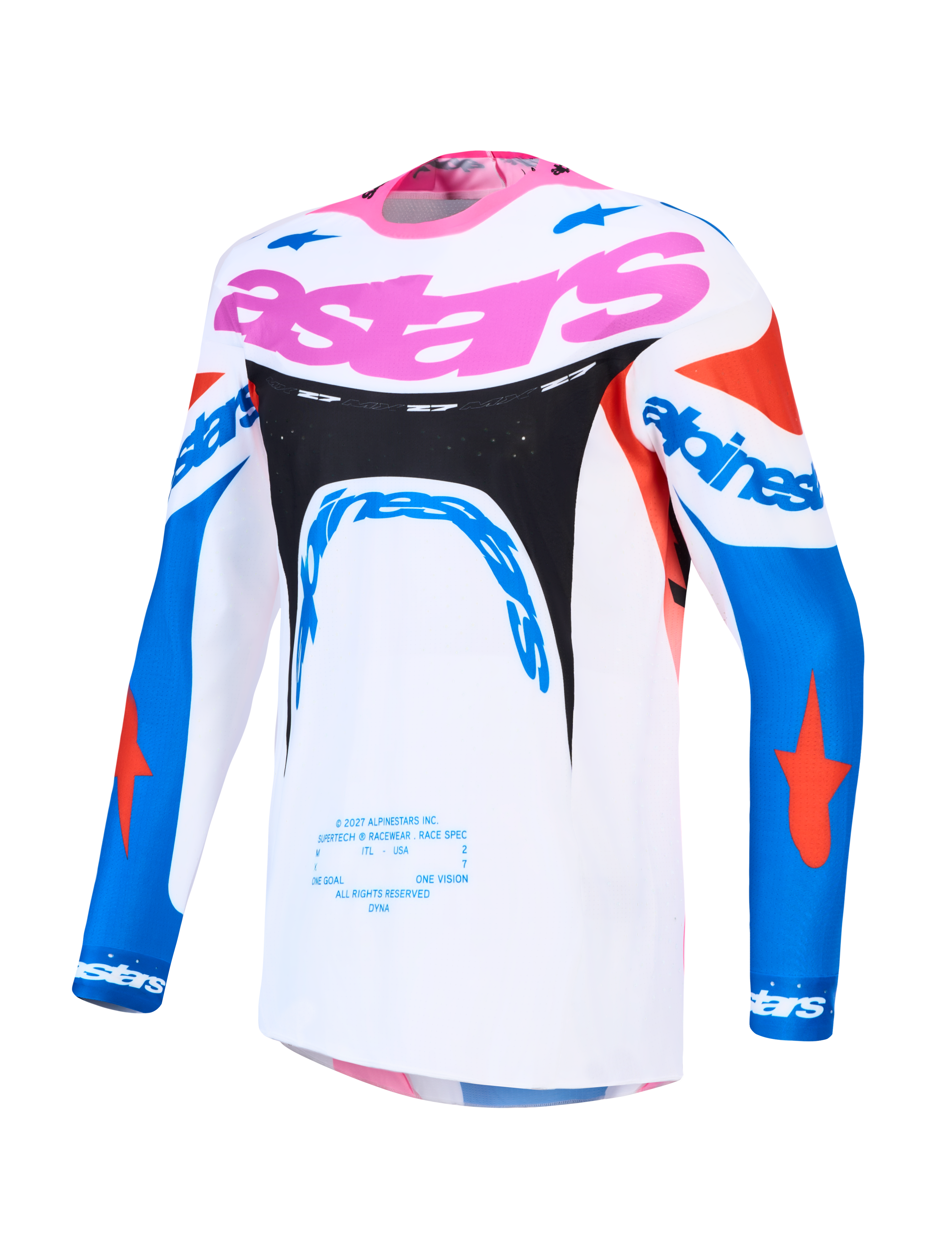 Alpinestars Supertech Dyna, camisola de motocross para homem, branca, azul e rosa, em malha elástica leve e respirável, design de performance de nível profissional