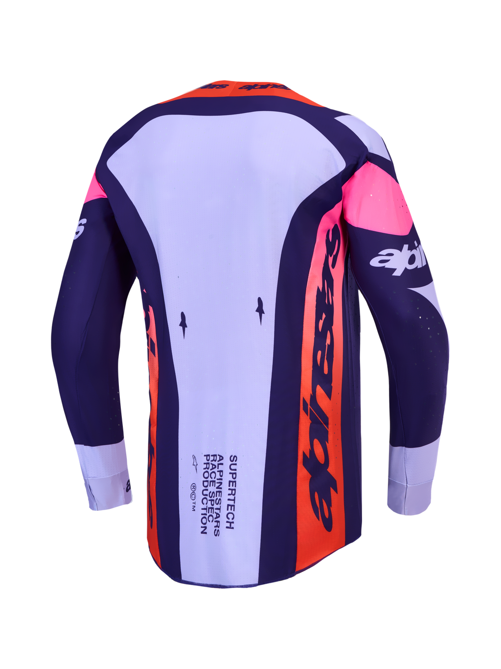 Alpinestars Supertech Dyna, camisola de motocross para homem, violeta e roxo, vista traseira em malha elástica ventilada.