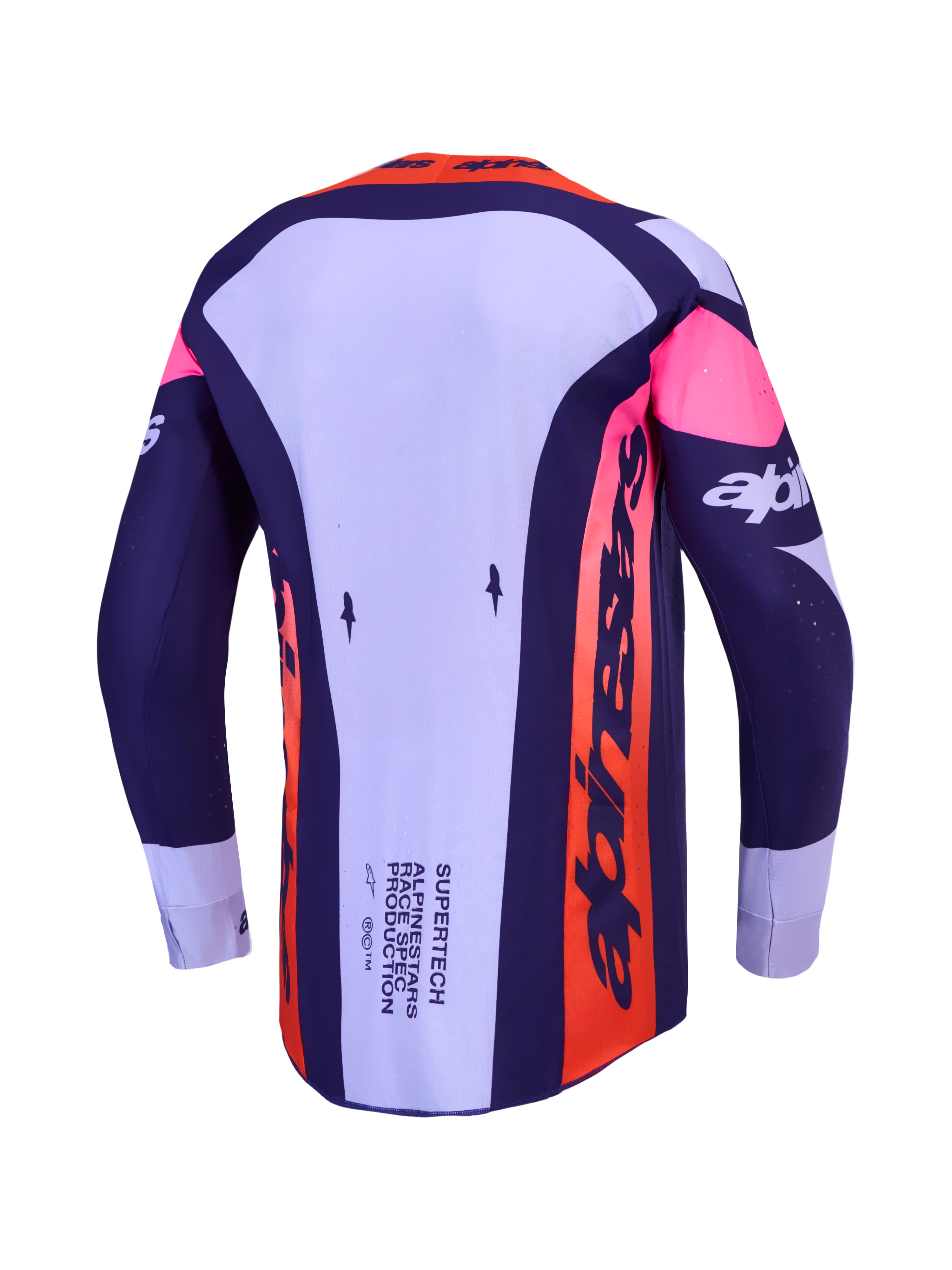 Alpinestars Supertech Dyna, camisola de motocross para homem, violeta e roxo, vista traseira em malha elástica ventilada.