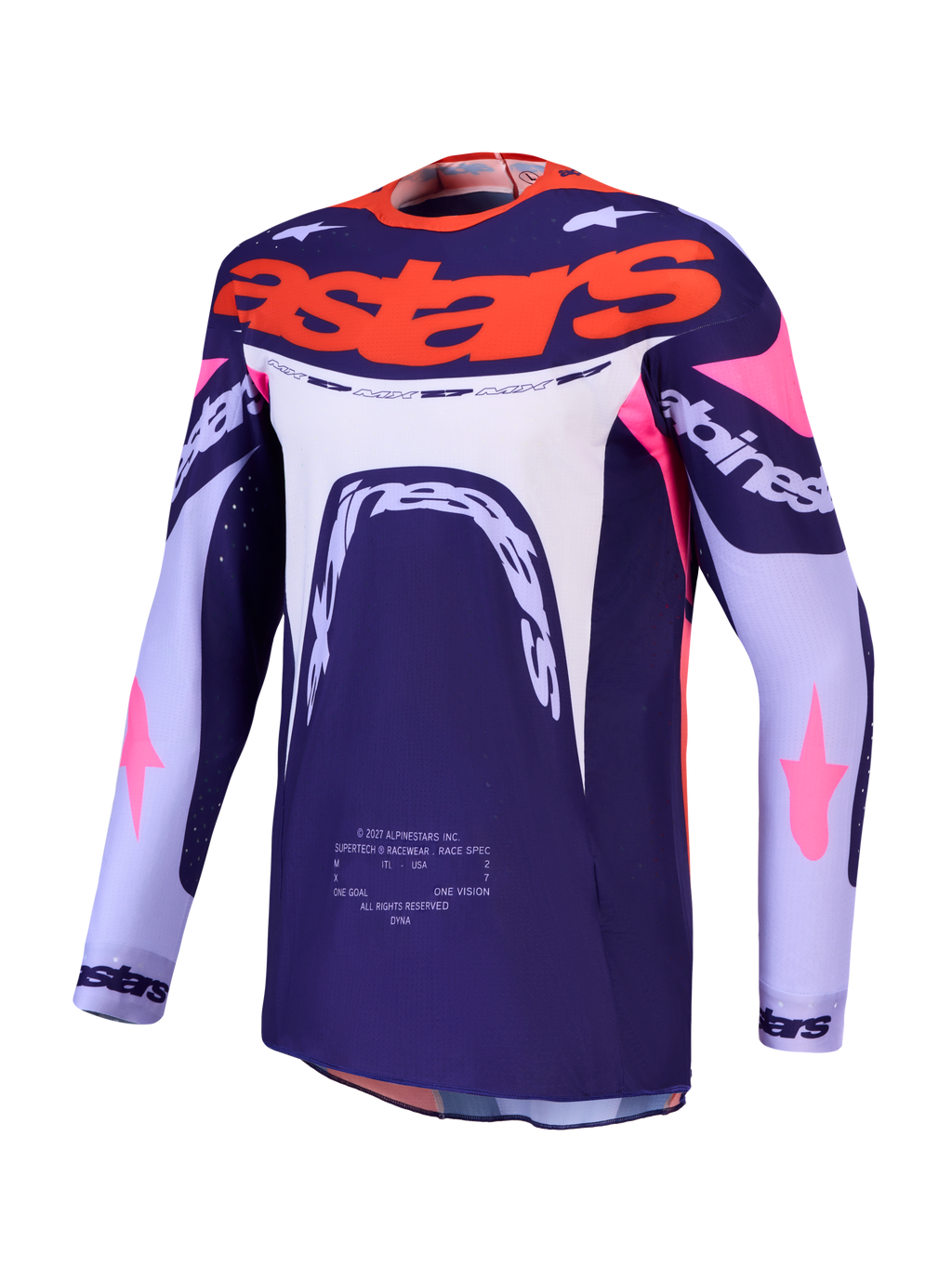 Alpinestars Supertech Dyna, camisola de motocross roxa e rosa fluo com malha elástica ventilada e ajuste atlético.